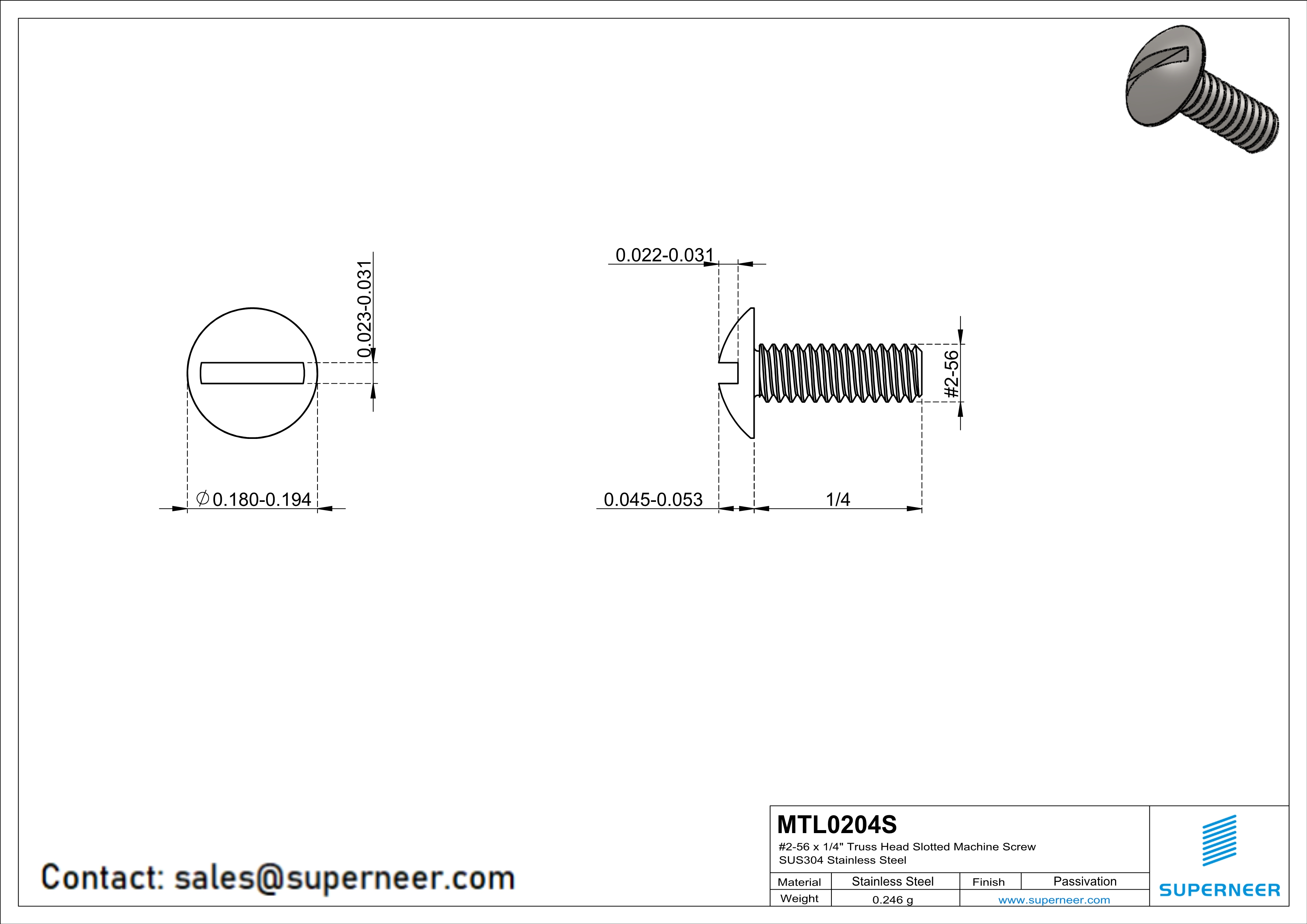 2-56 x 1/4" Truss Head Slotted Machine Screw SUS304 Stainless Steel Inox