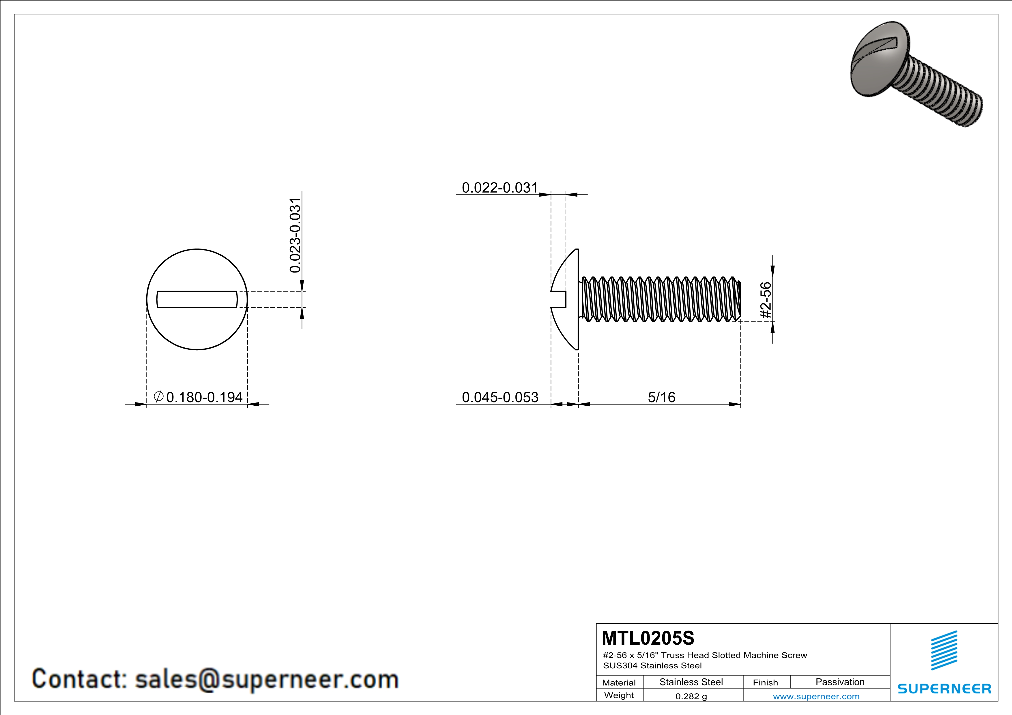 2-56 x 5/16" Truss Head Slotted Machine Screw SUS304 Stainless Steel Inox