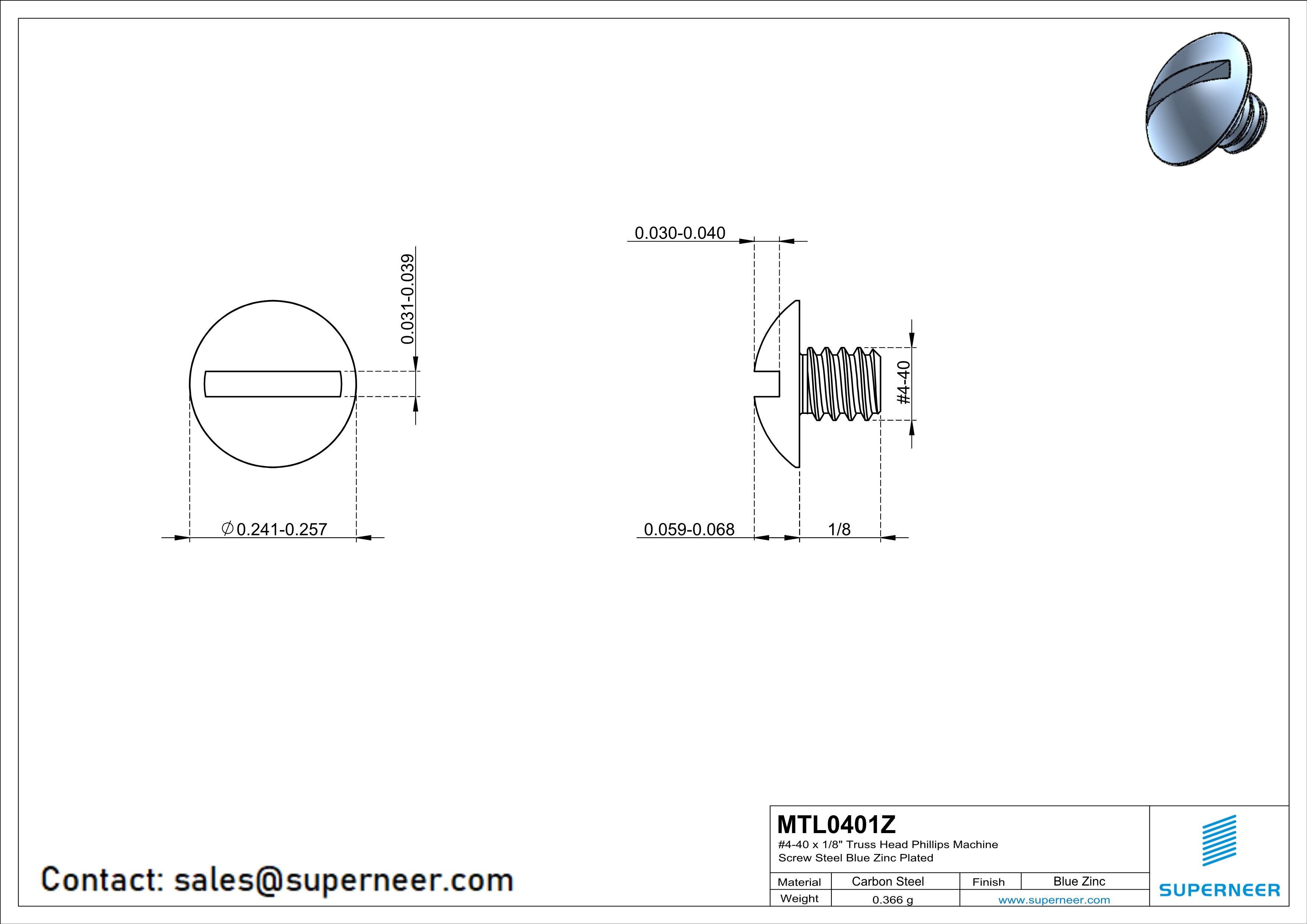 4-40 x 1/8" Truss Head Slotted Machine Screw Steel Blue Zinc Plated