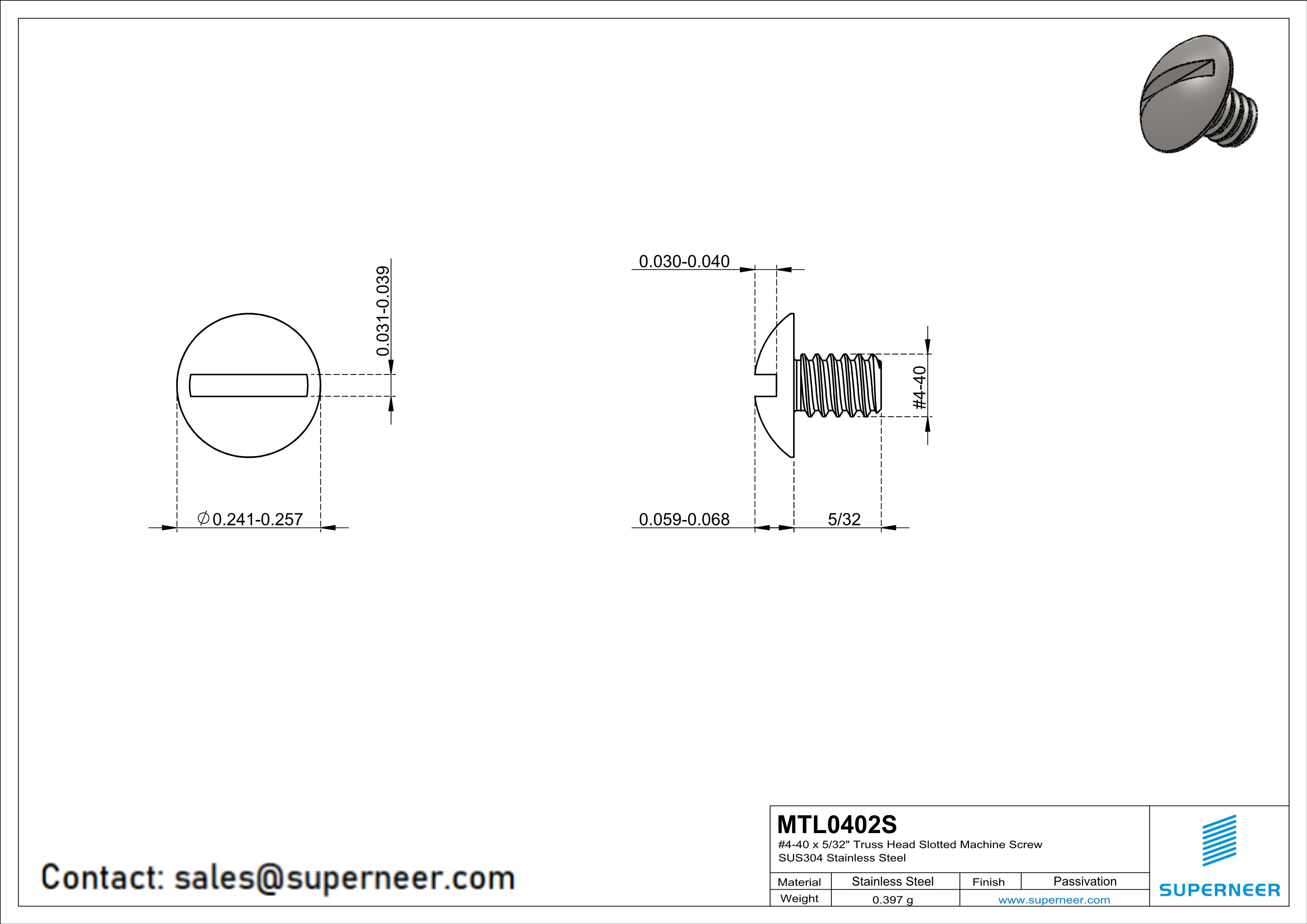 4-40 x 5/32" Truss Head Slotted Machine Screw SUS304 Stainless Steel Inox