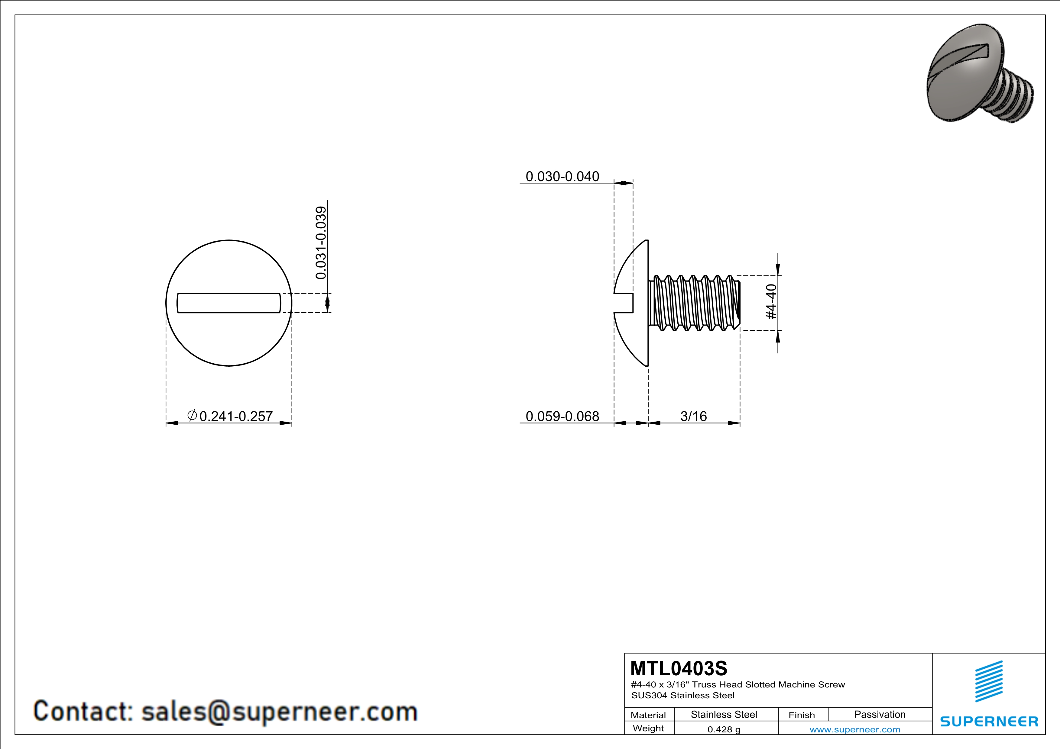 4-40 x 3/16" Truss Head Slotted Machine Screw SUS304 Stainless Steel Inox