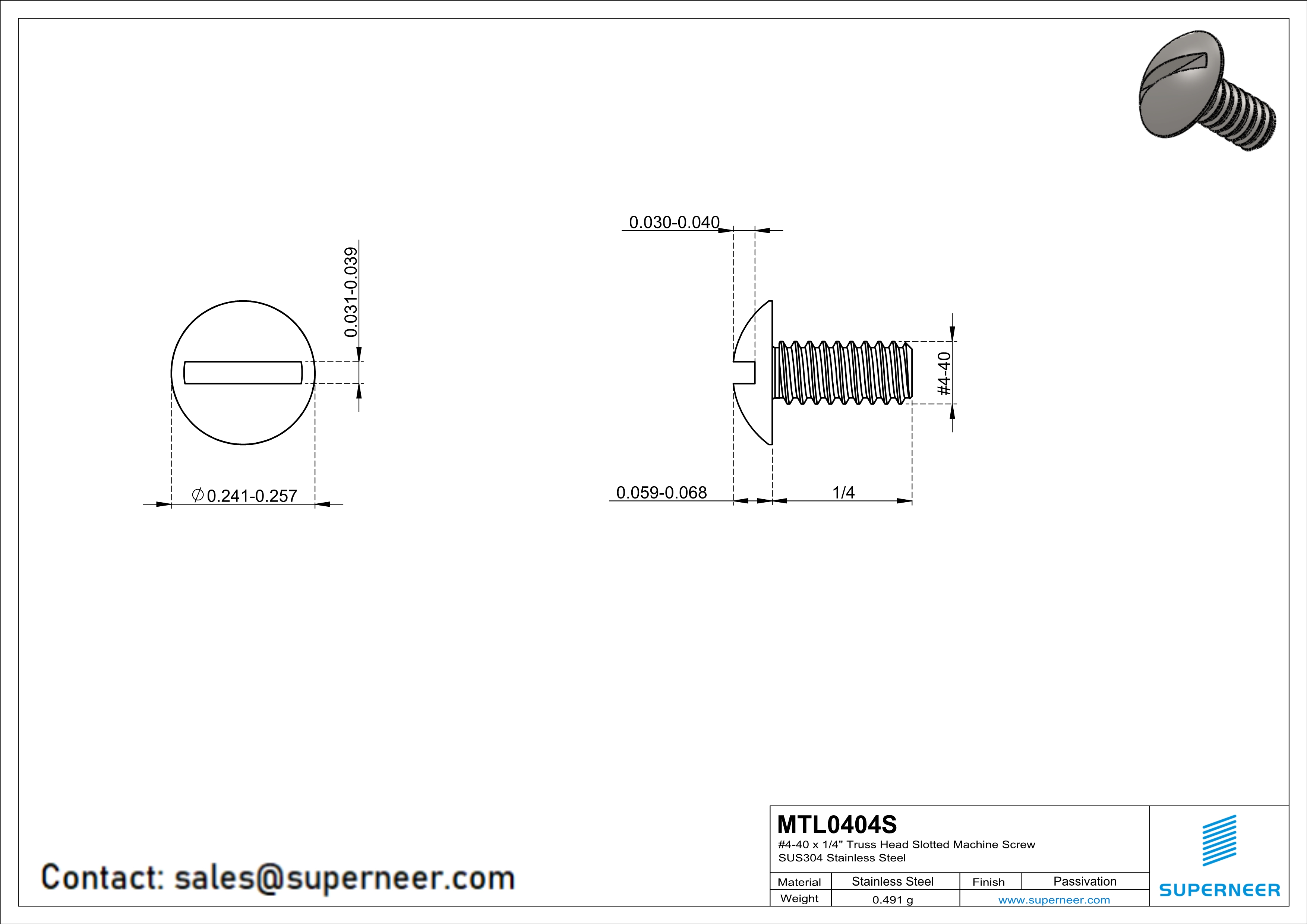 4-40 x 1/4" Truss Head Slotted Machine Screw SUS304 Stainless Steel Inox