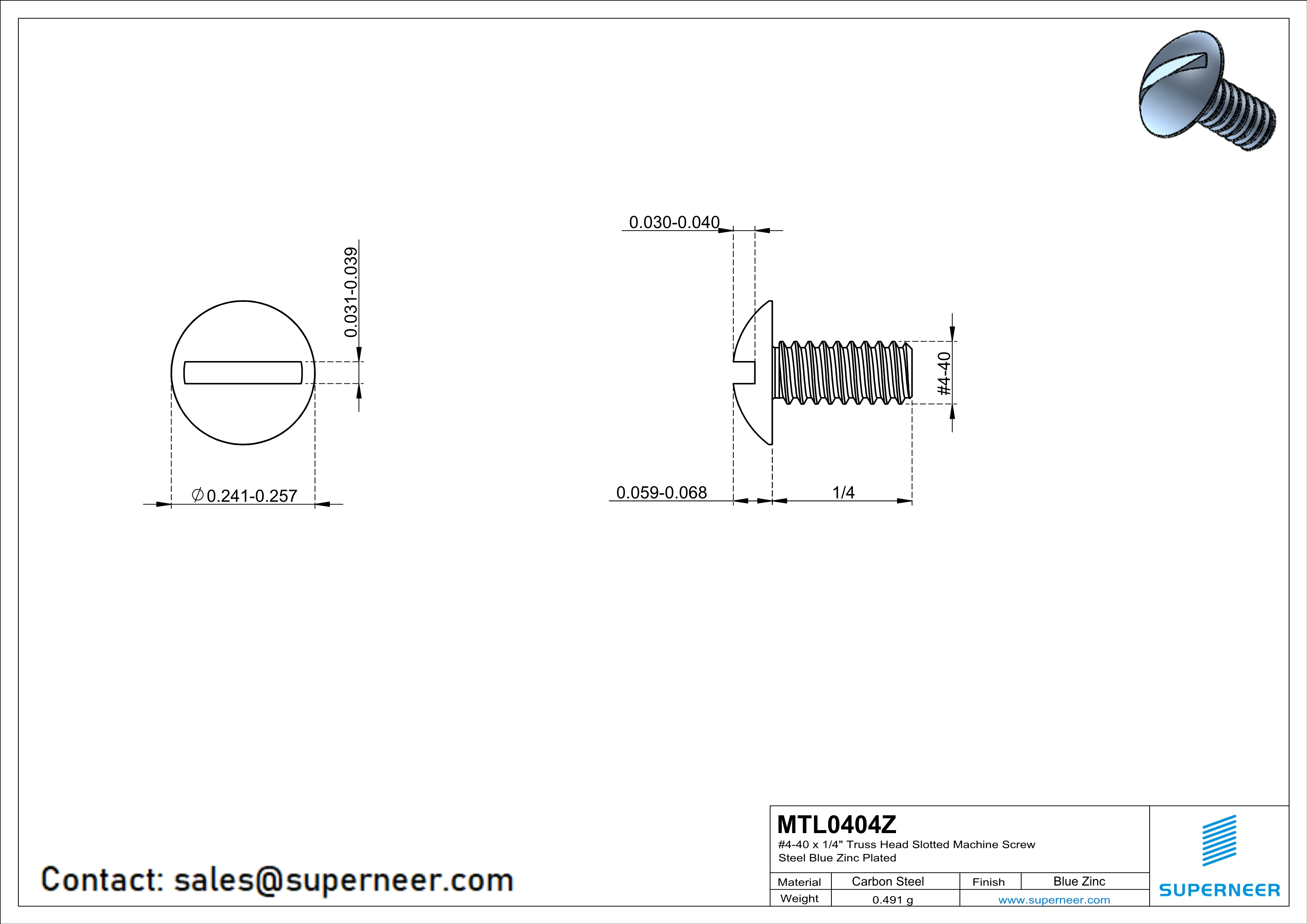 4-40 x 1/4" Truss Head Slotted Machine Screw Steel Blue Zinc Plated