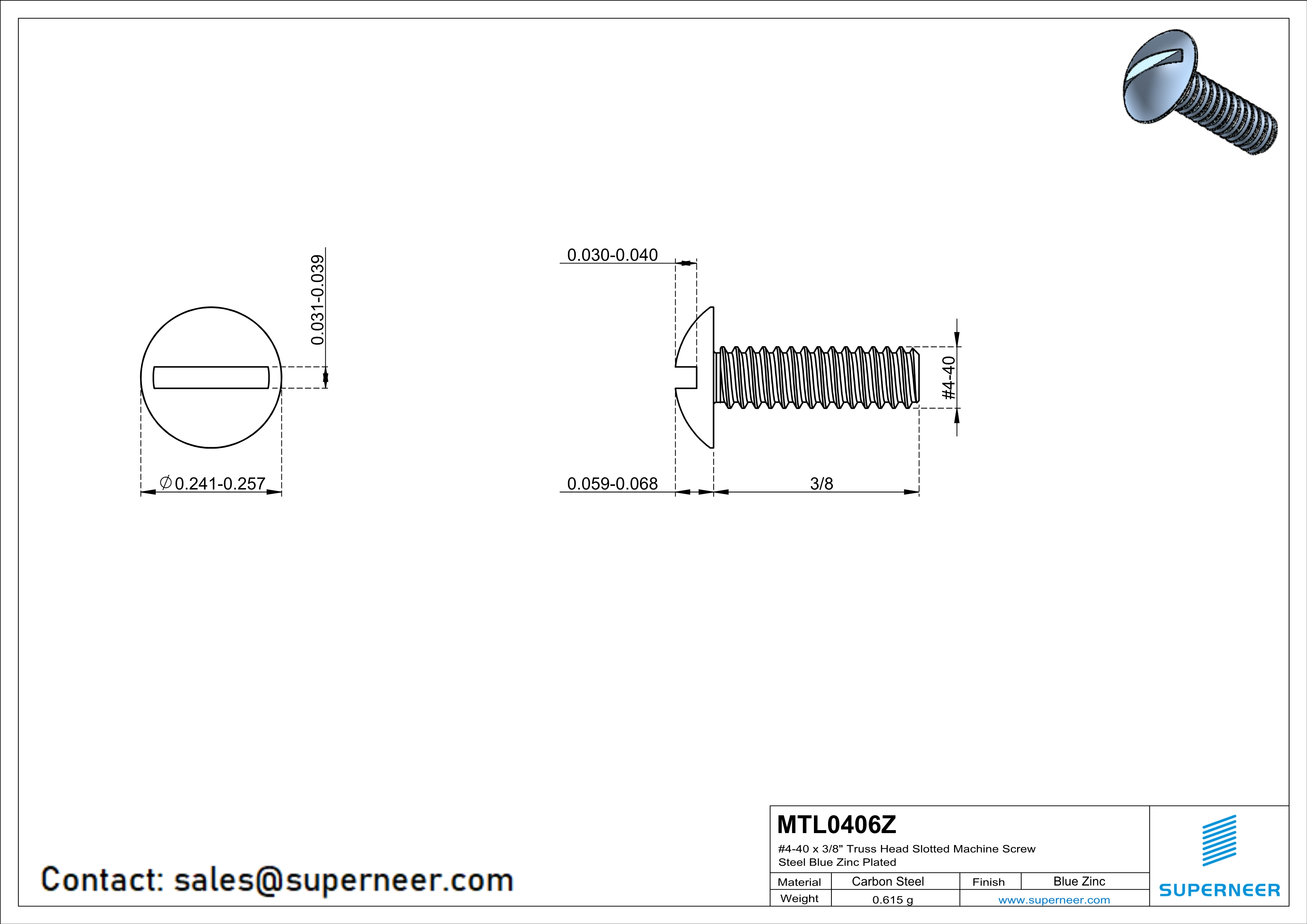 4-40 x 3/8" Truss Head Slotted Machine Screw Steel Blue Zinc Plated