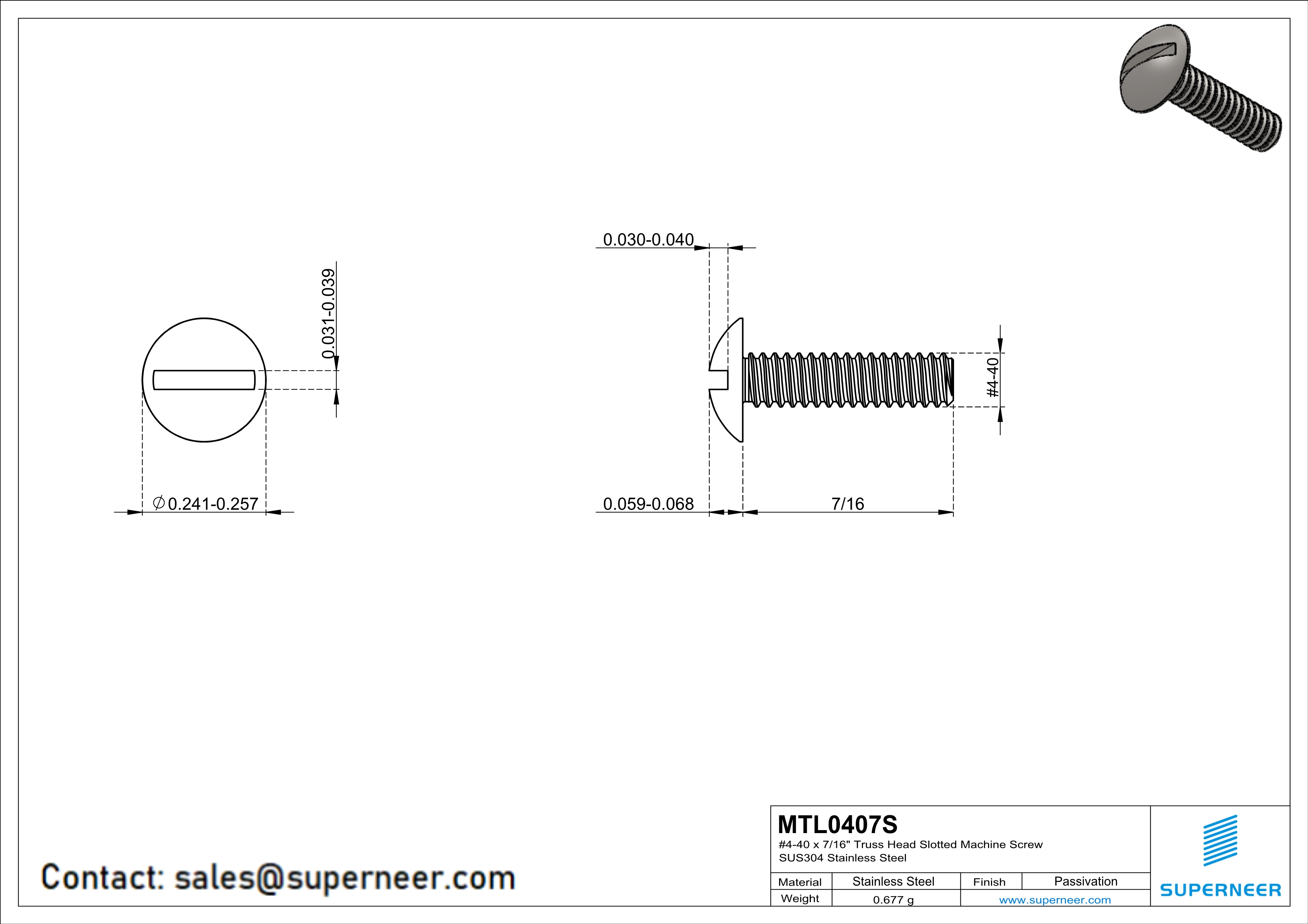 4-40 x 7/16" Truss Head Slotted Machine Screw SUS304 Stainless Steel Inox