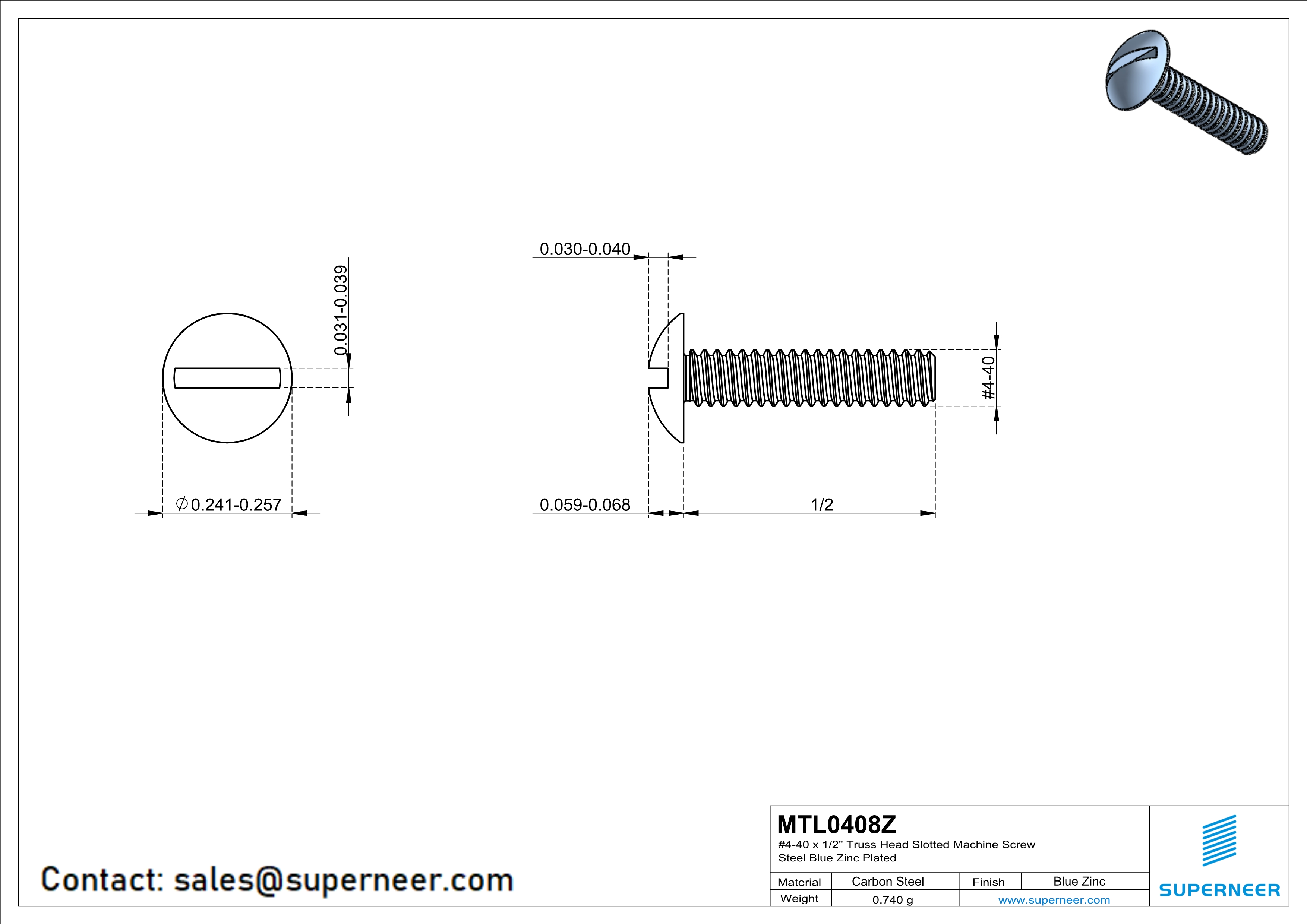 4-40 x 1/2" Truss Head Slotted Machine Screw Steel Blue Zinc Plated