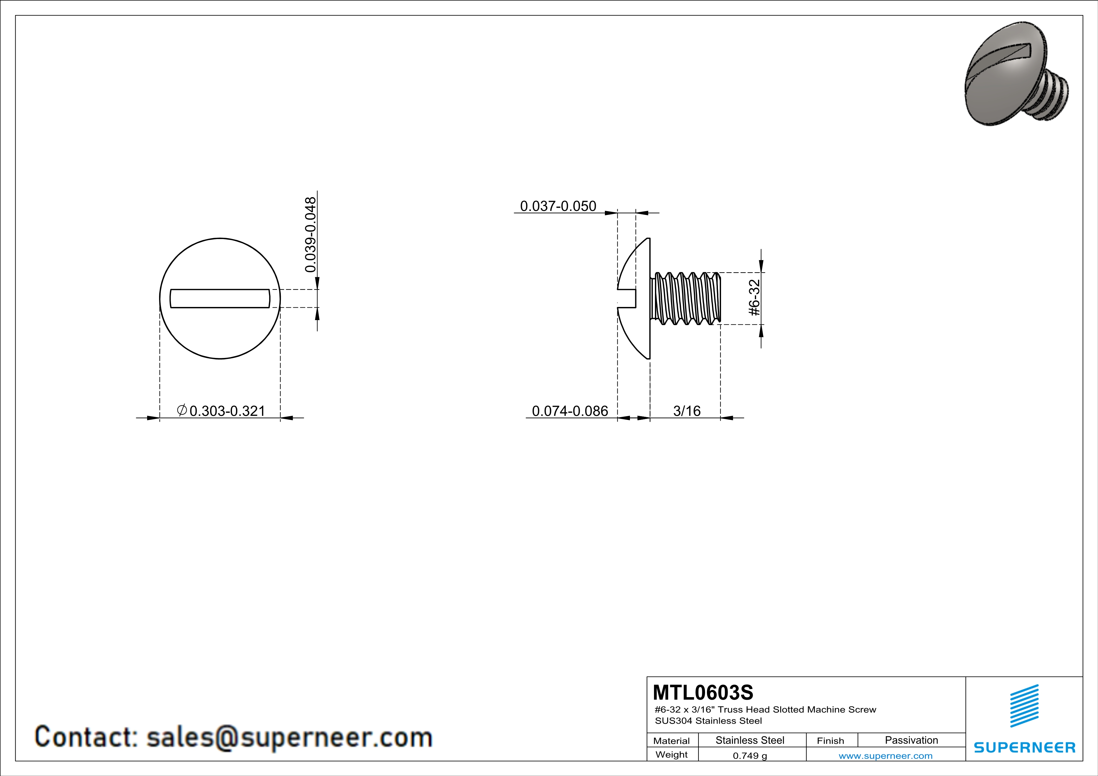 6-32 x 3/16" Truss Head Slotted Machine Screw SUS304 Stainless Steel Inox