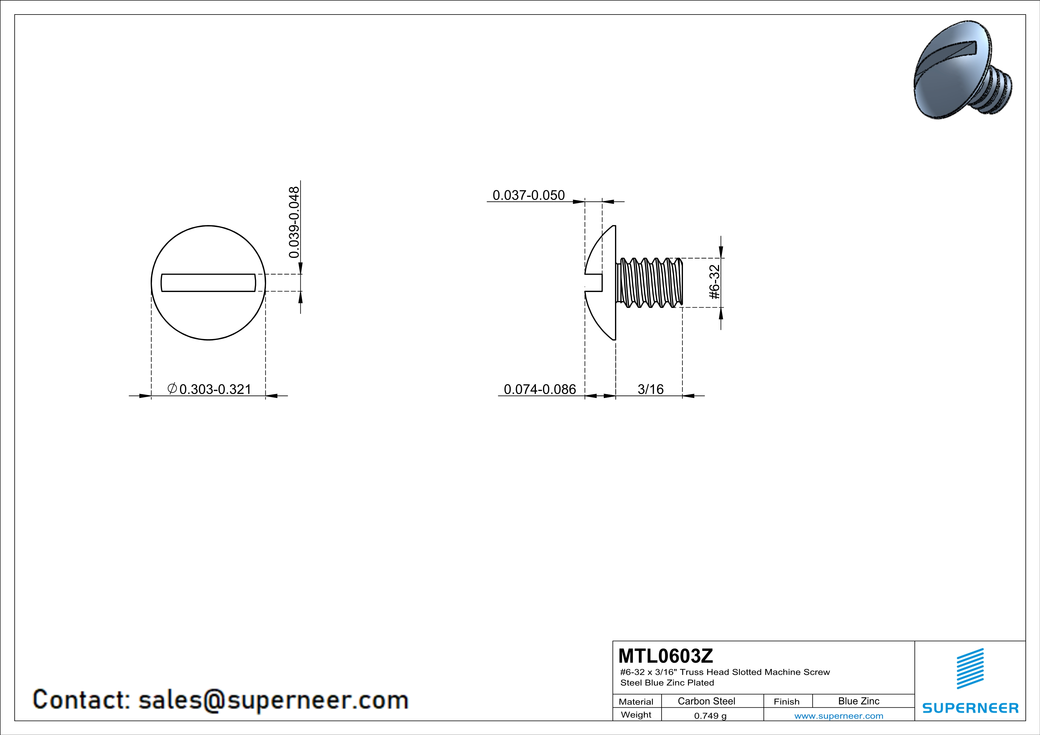 6-32 x 3/16" Truss Head Slotted Machine Screw Steel Blue Zinc Plated