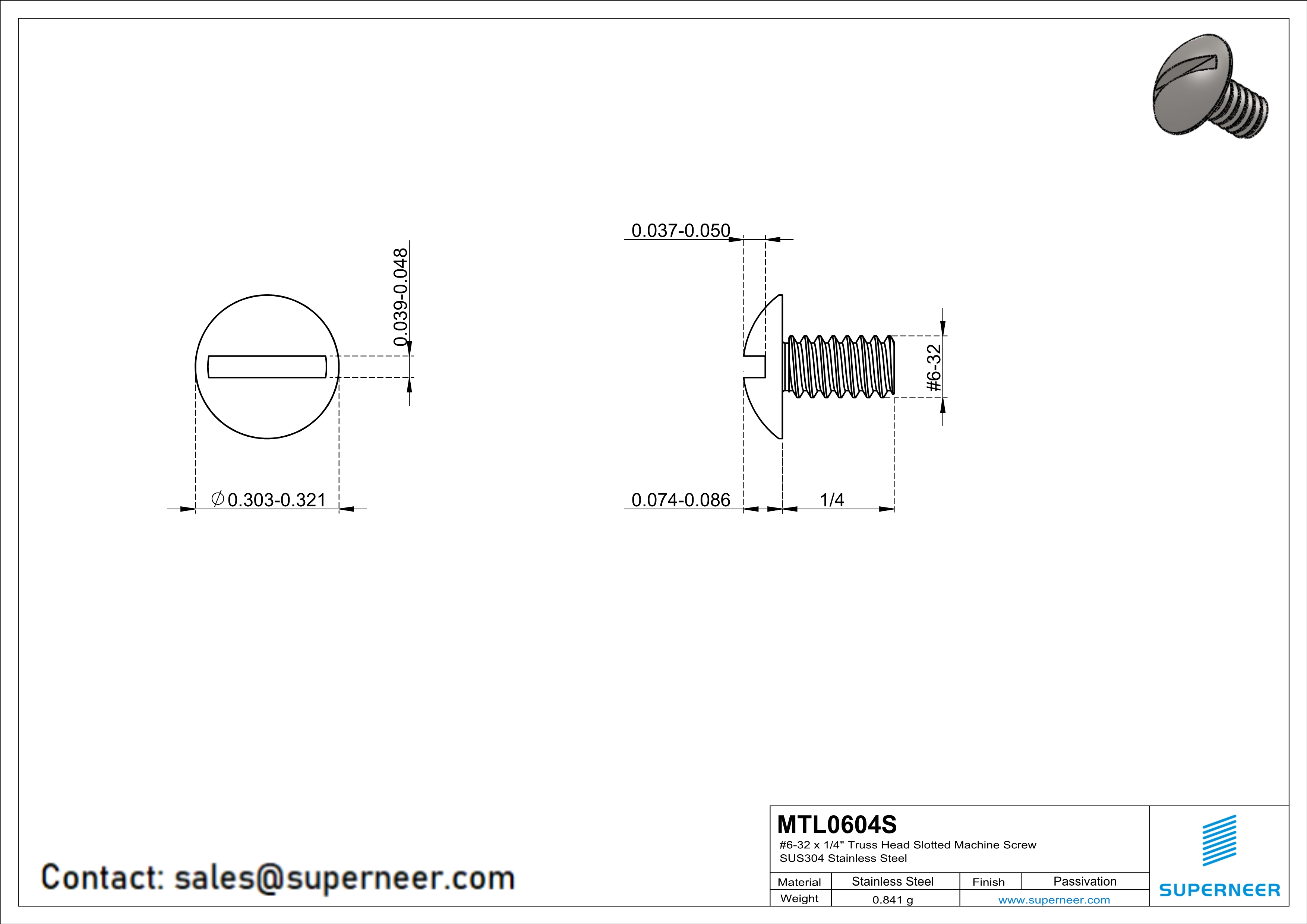 6-32 x 1/4" Truss Head Slotted Machine Screw SUS304 Stainless Steel Inox