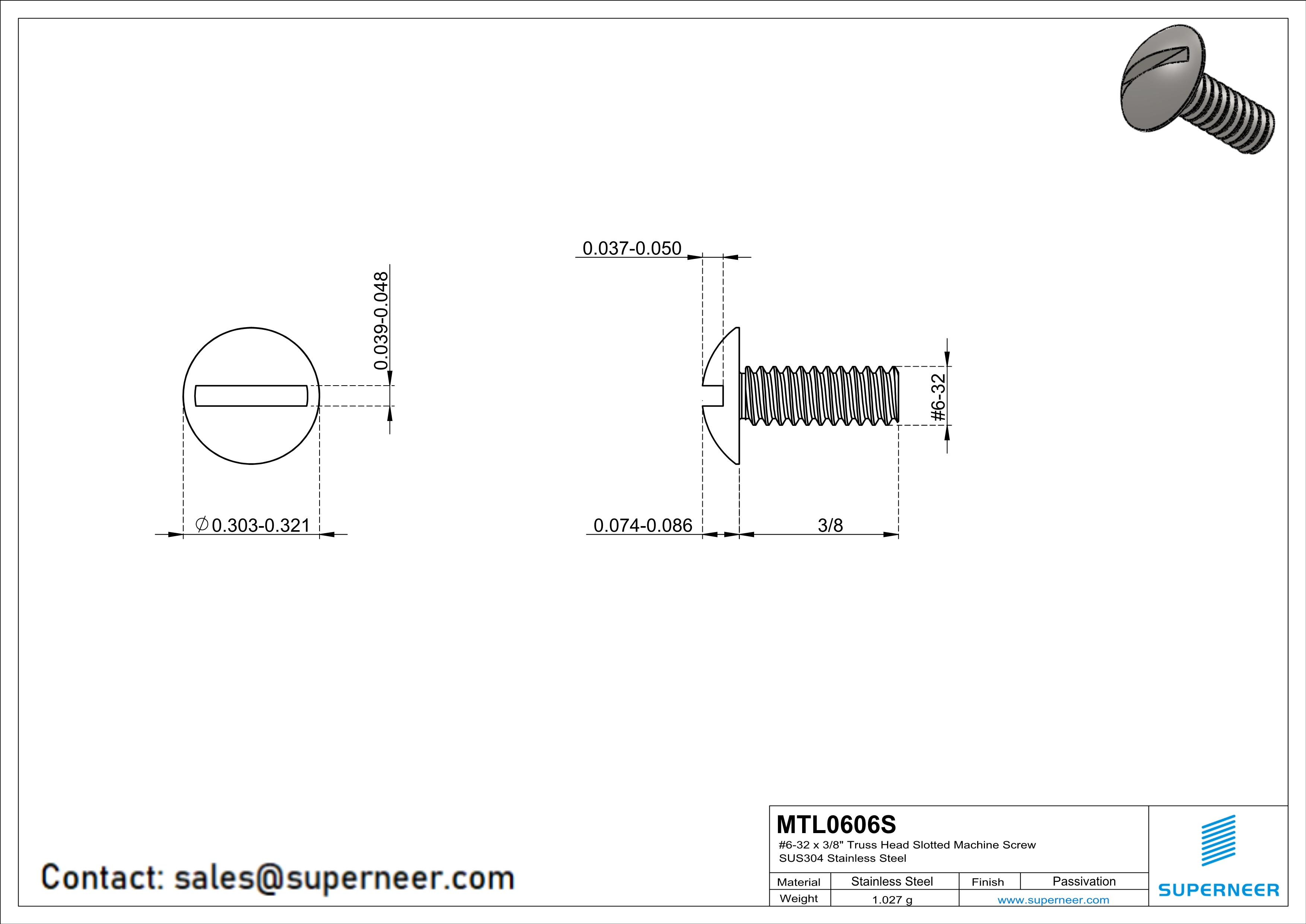 6-32 x 3/8" Truss Head Slotted Machine Screw SUS304 Stainless Steel Inox