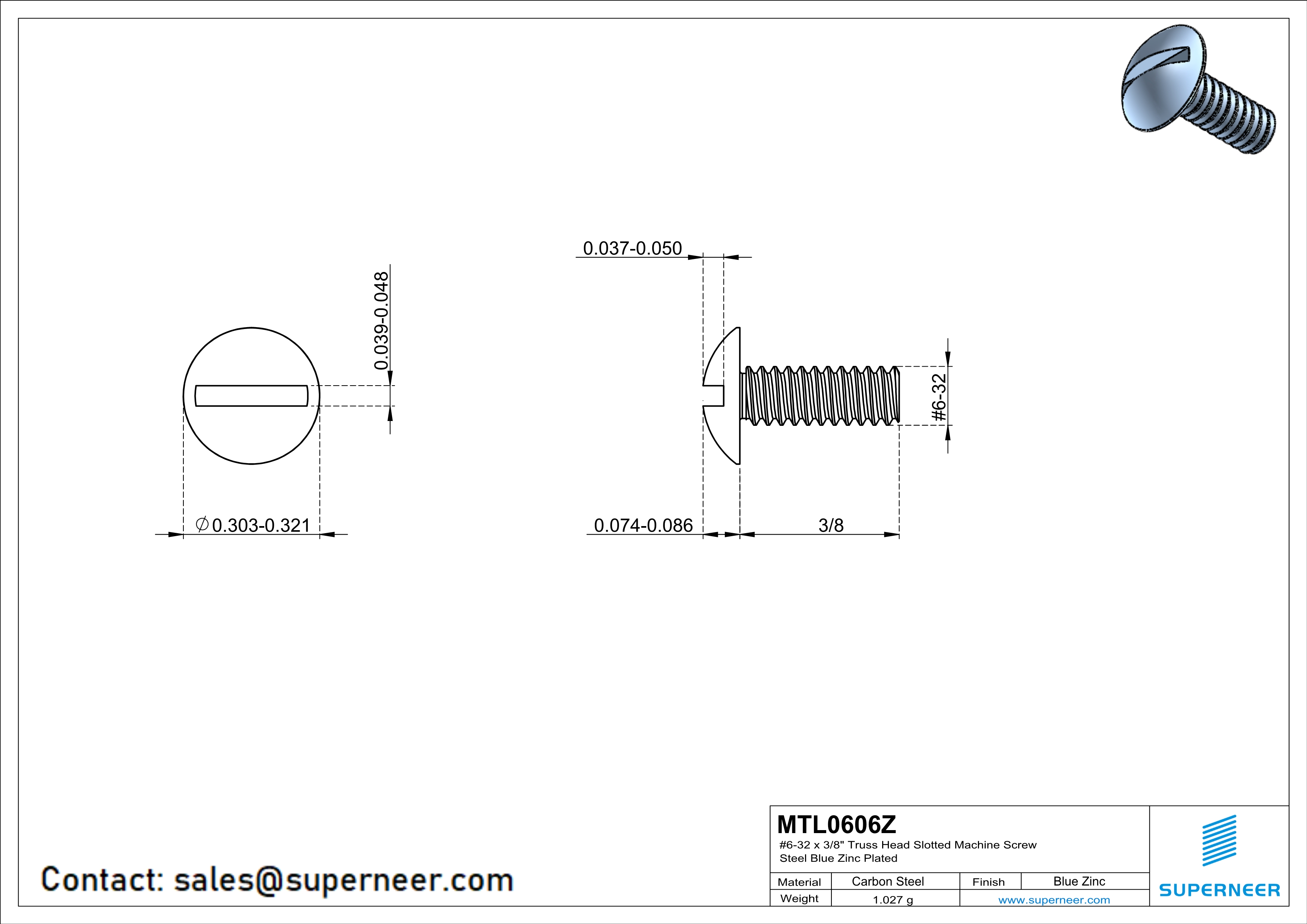 6-32 x 3/8" Truss Head Slotted Machine Screw Steel Blue Zinc Plated