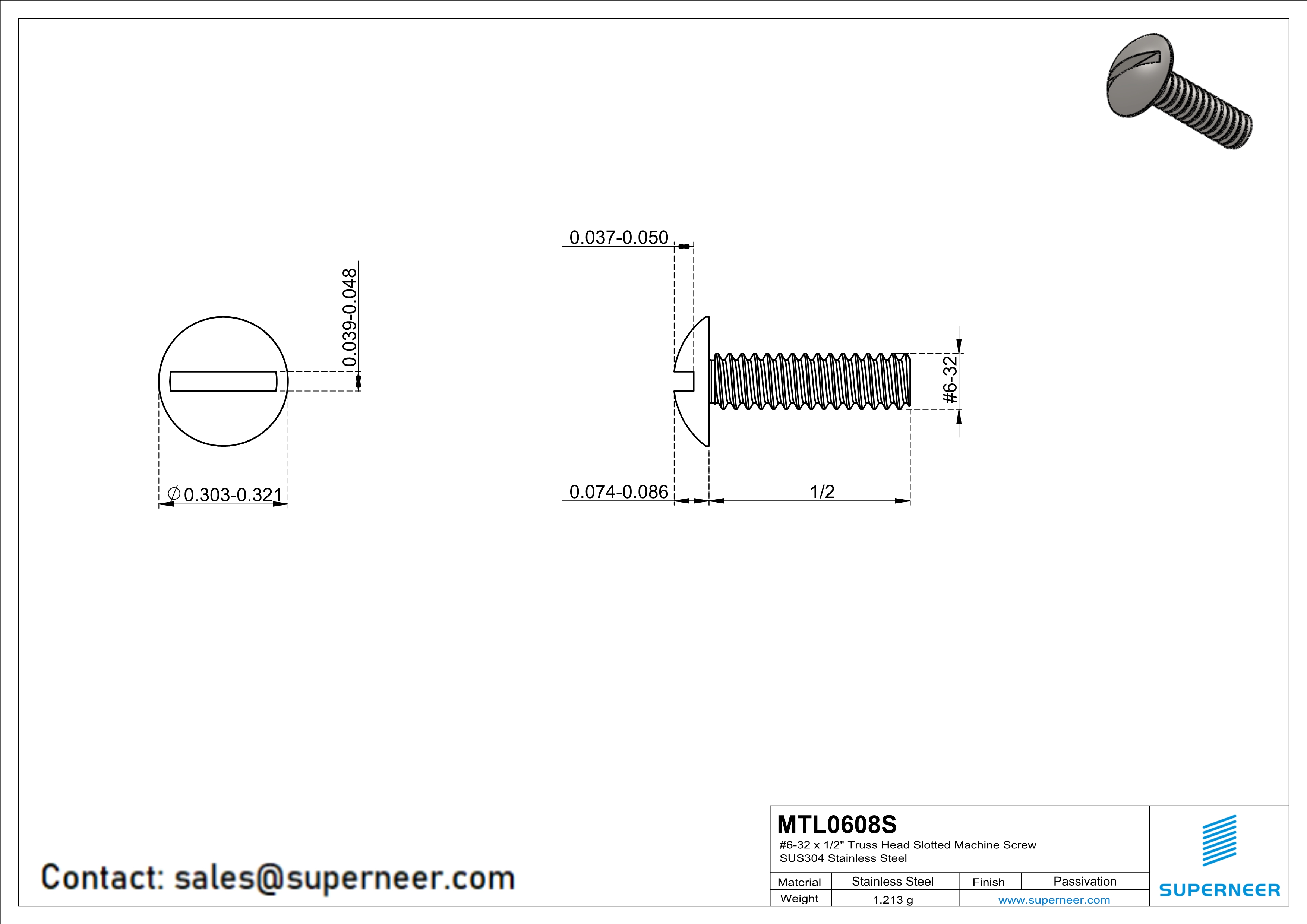 6-32 x 1/2" Truss Head Slotted Machine Screw SUS304 Stainless Steel Inox