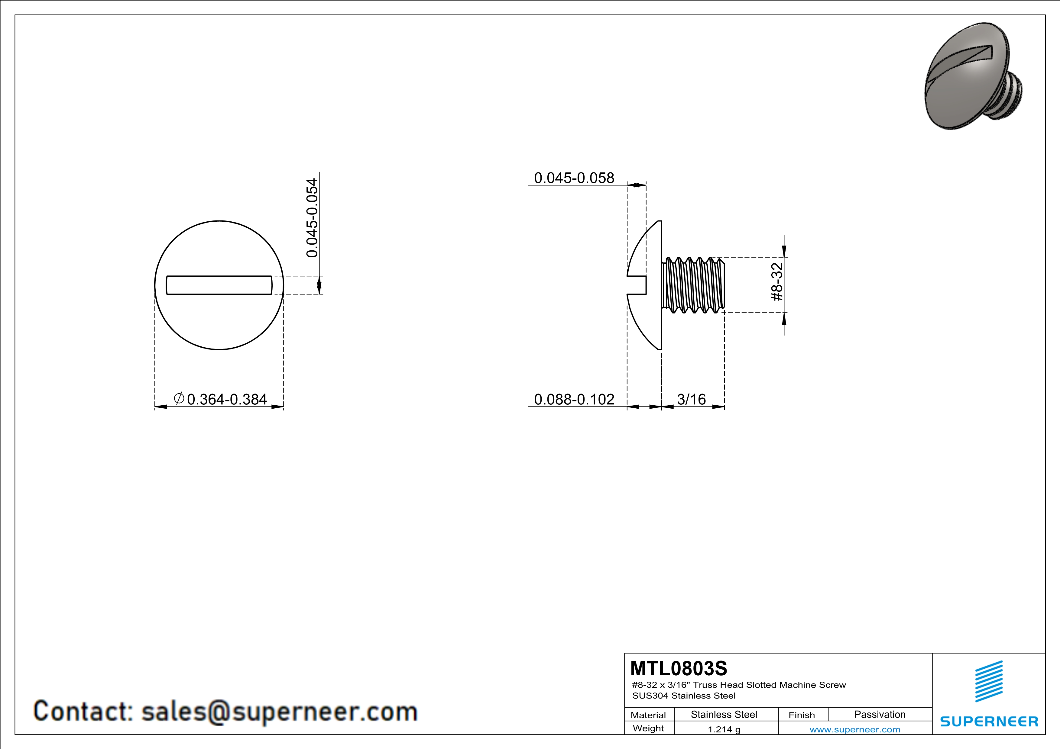 8-32 x 3/16" Truss Head Slotted Machine Screw SUS304 Stainless Steel Inox