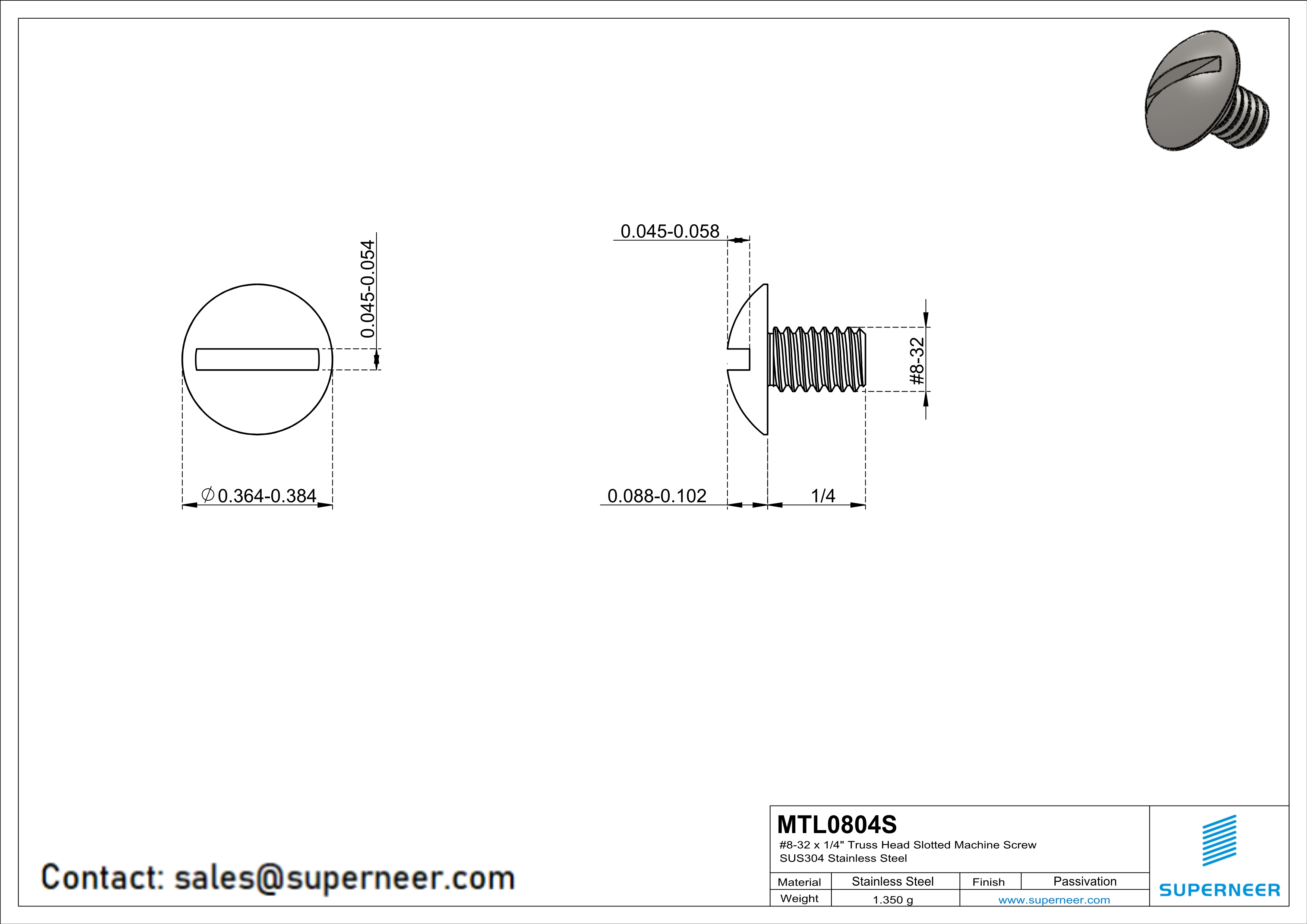 8-32 x 1/4" Truss Head Slotted Machine Screw SUS304 Stainless Steel Inox