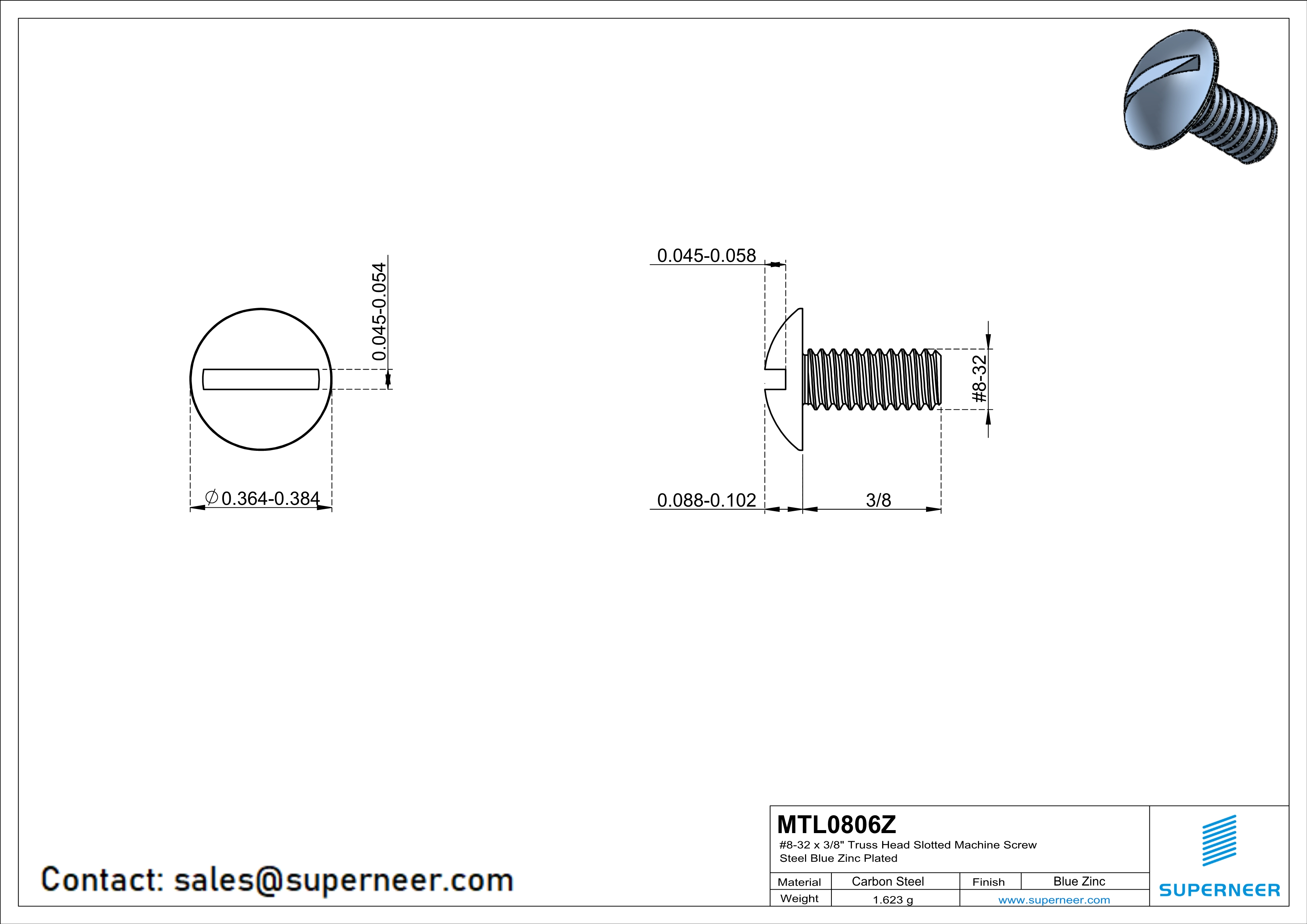 8-32 x 3/8" Truss Head Slotted Machine Screw Steel Blue Zinc Plated