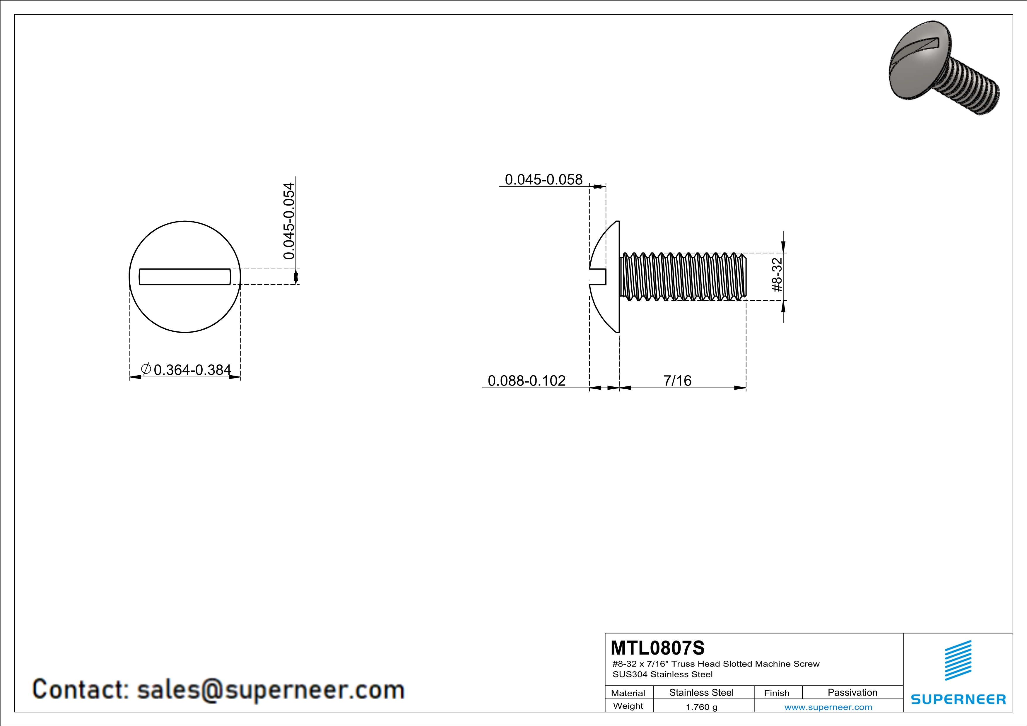 8-32 x 7/16"  Truss Head Slotted Machine Screw SUS304 Stainless Steel Inox