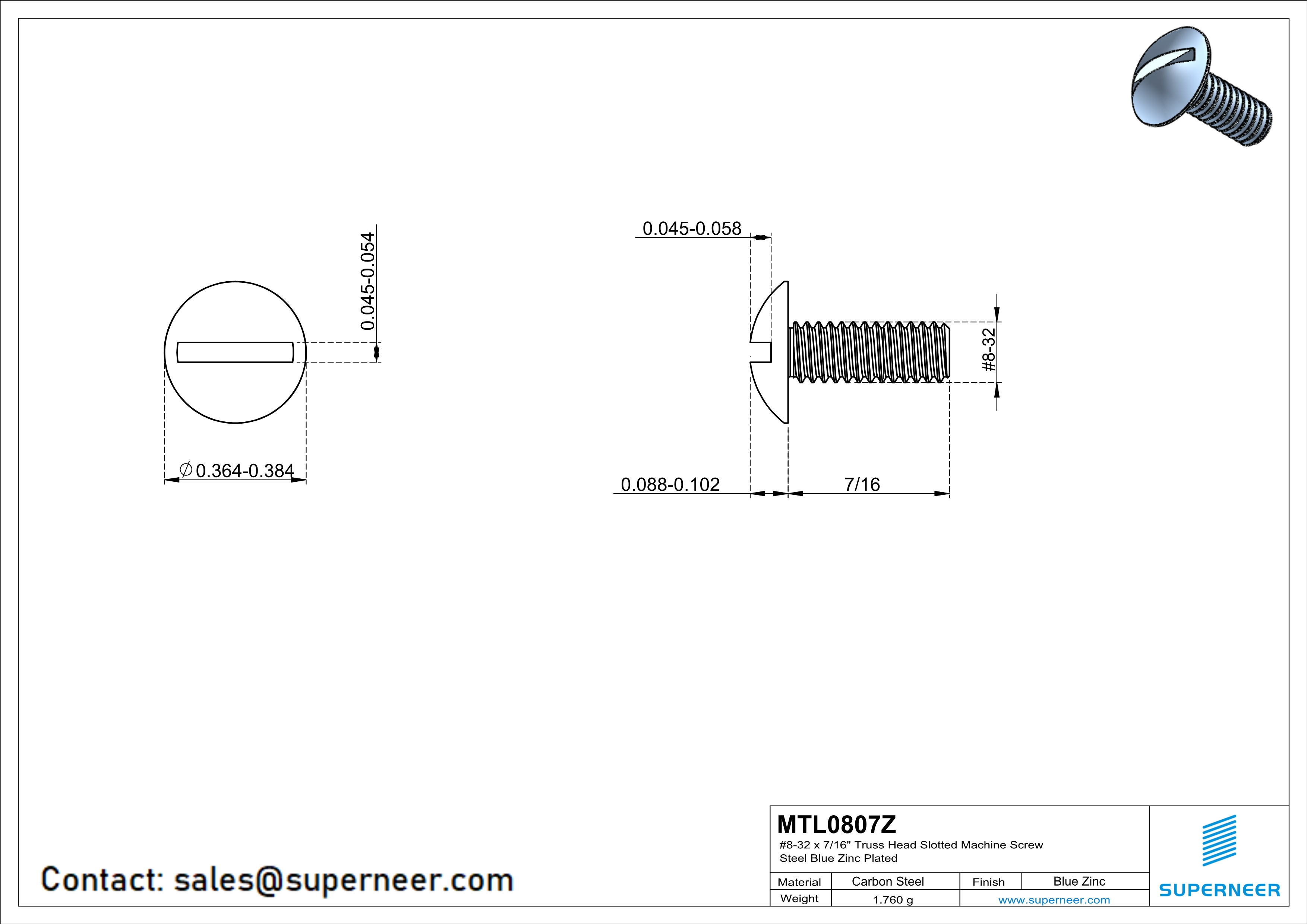 8-32 x 7/16" Truss Head Slotted Machine Screw Steel Blue Zinc Plated