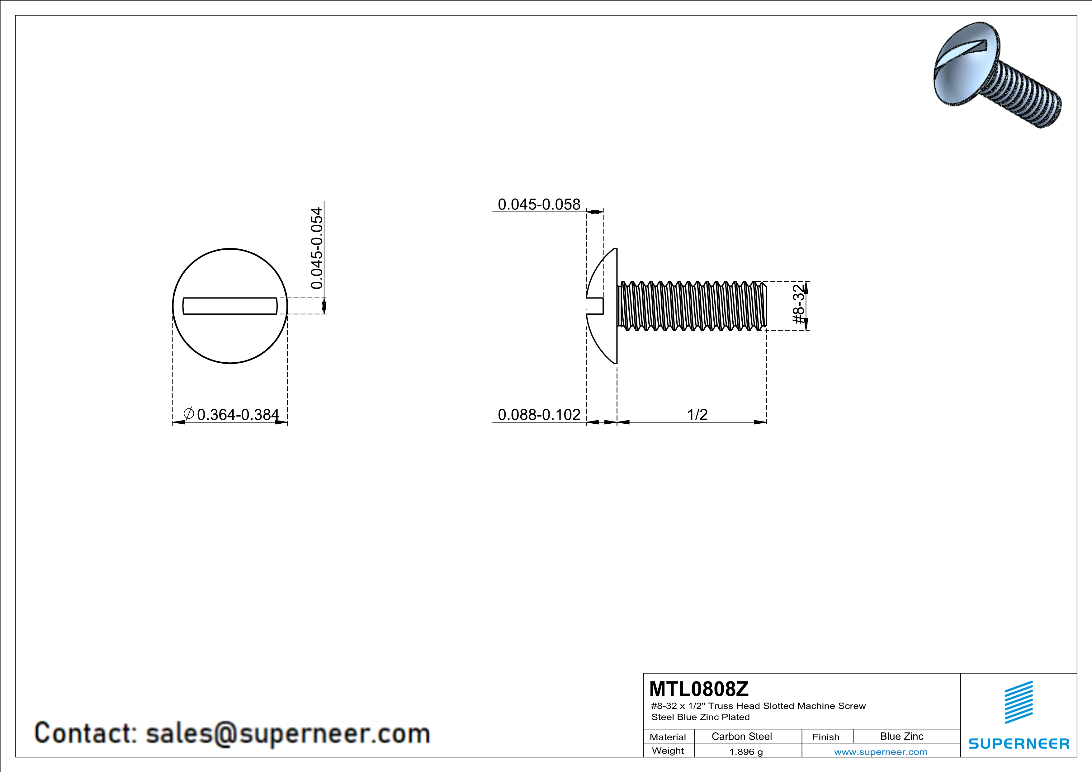 8-32 x 1/2" Truss Head Slotted Machine Screw Steel Blue Zinc Plated