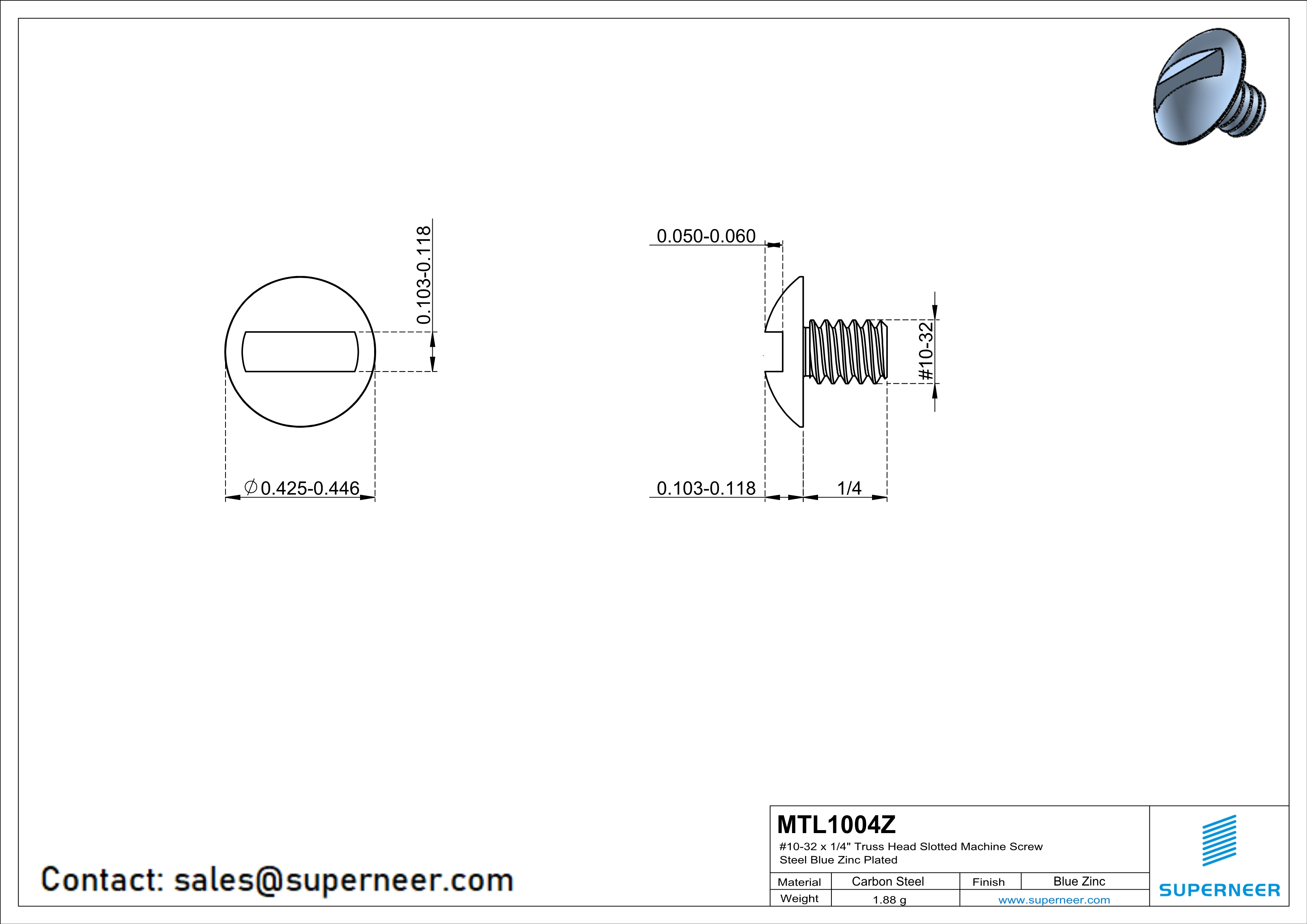 10-32 x 1/4" Truss Head Slotted Machine Screw Steel Blue Zinc Plated