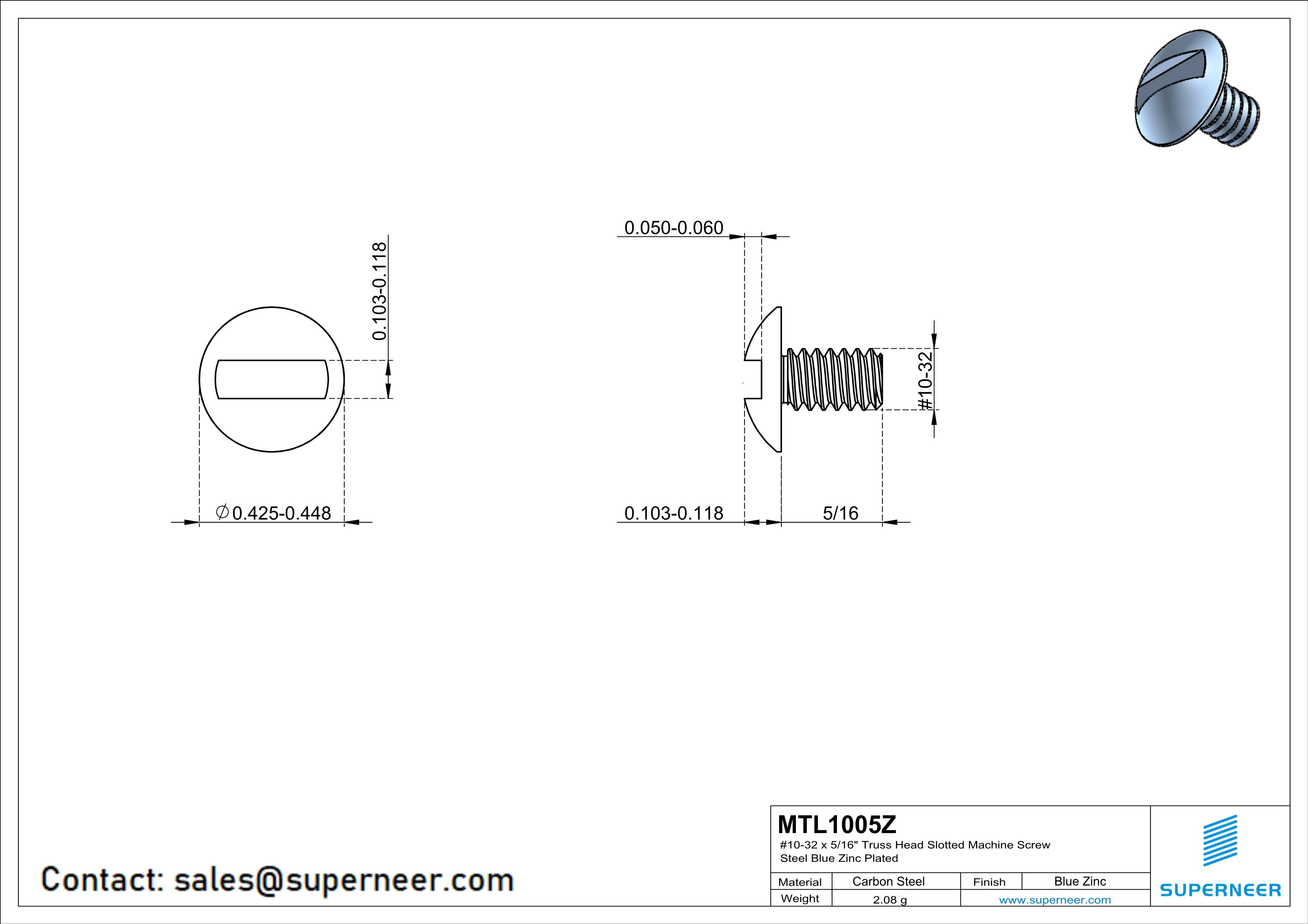 10-32 x 5/16" Truss Head Slotted Machine Screw Steel Blue Zinc Plated
