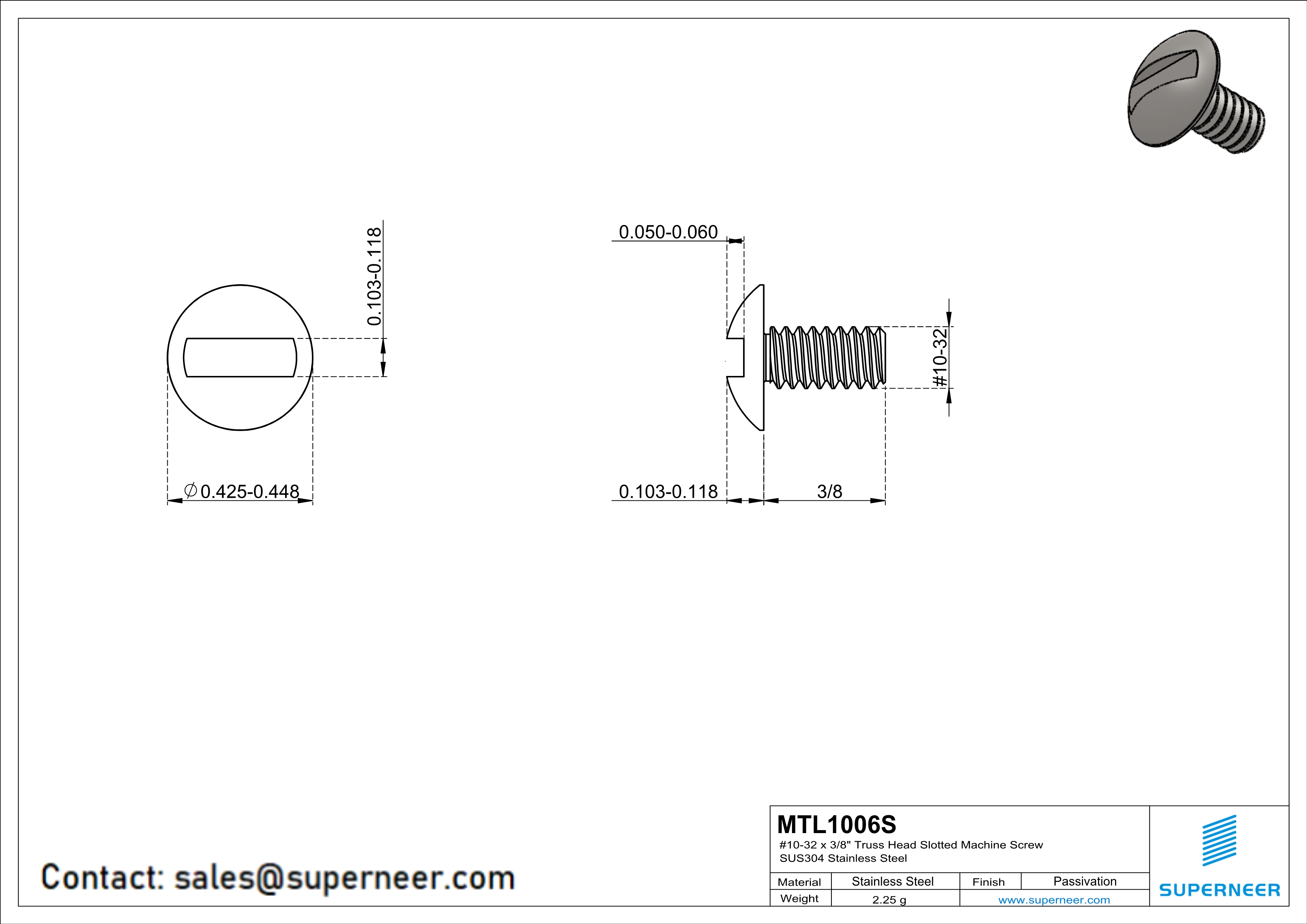 10-32 x 3/8" Truss Head Slotted Machine Screw SUS304 Stainless Steel Inox