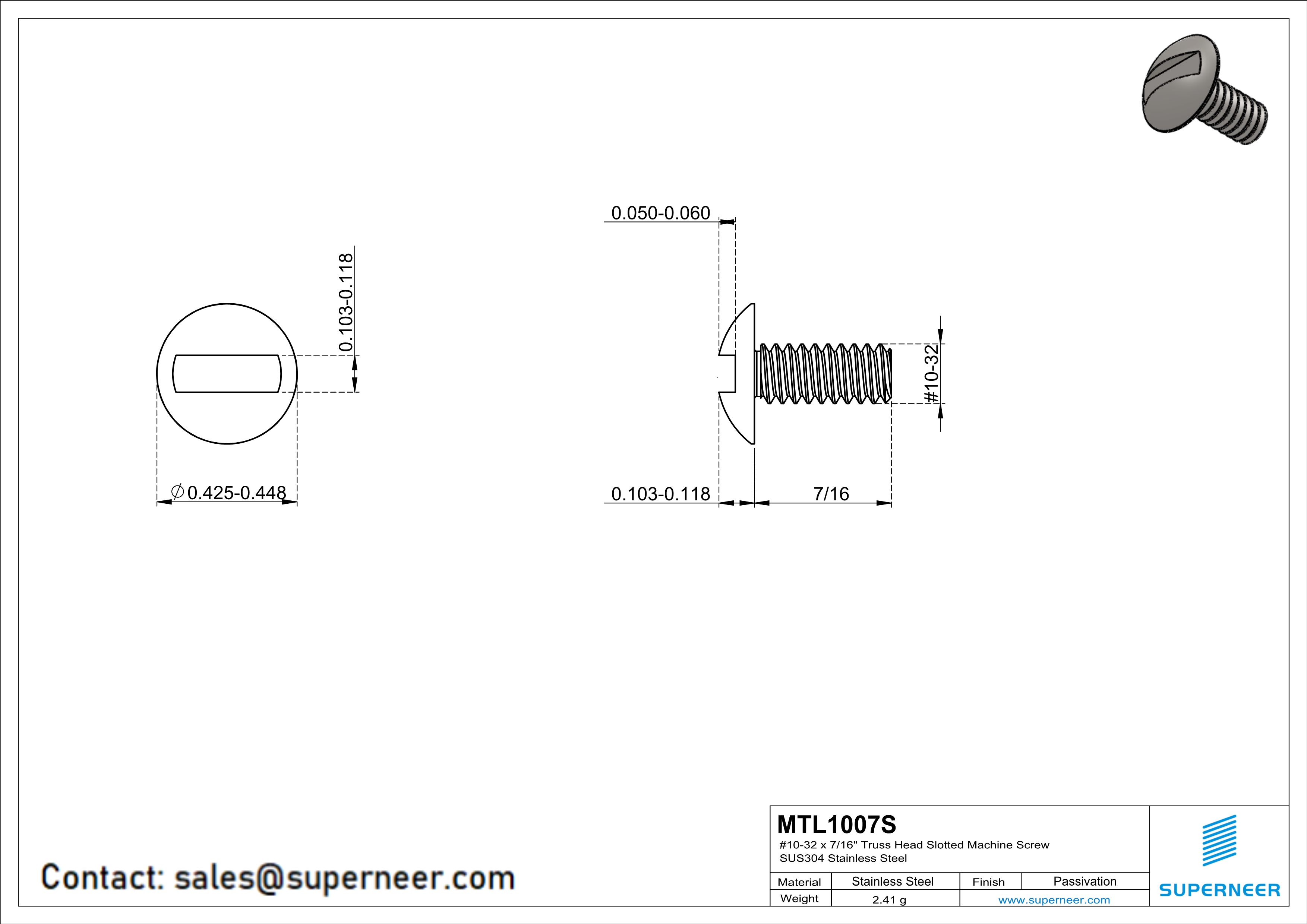 10-32 x 7/16" Truss Head Slotted Machine Screw SUS304 Stainless Steel Inox