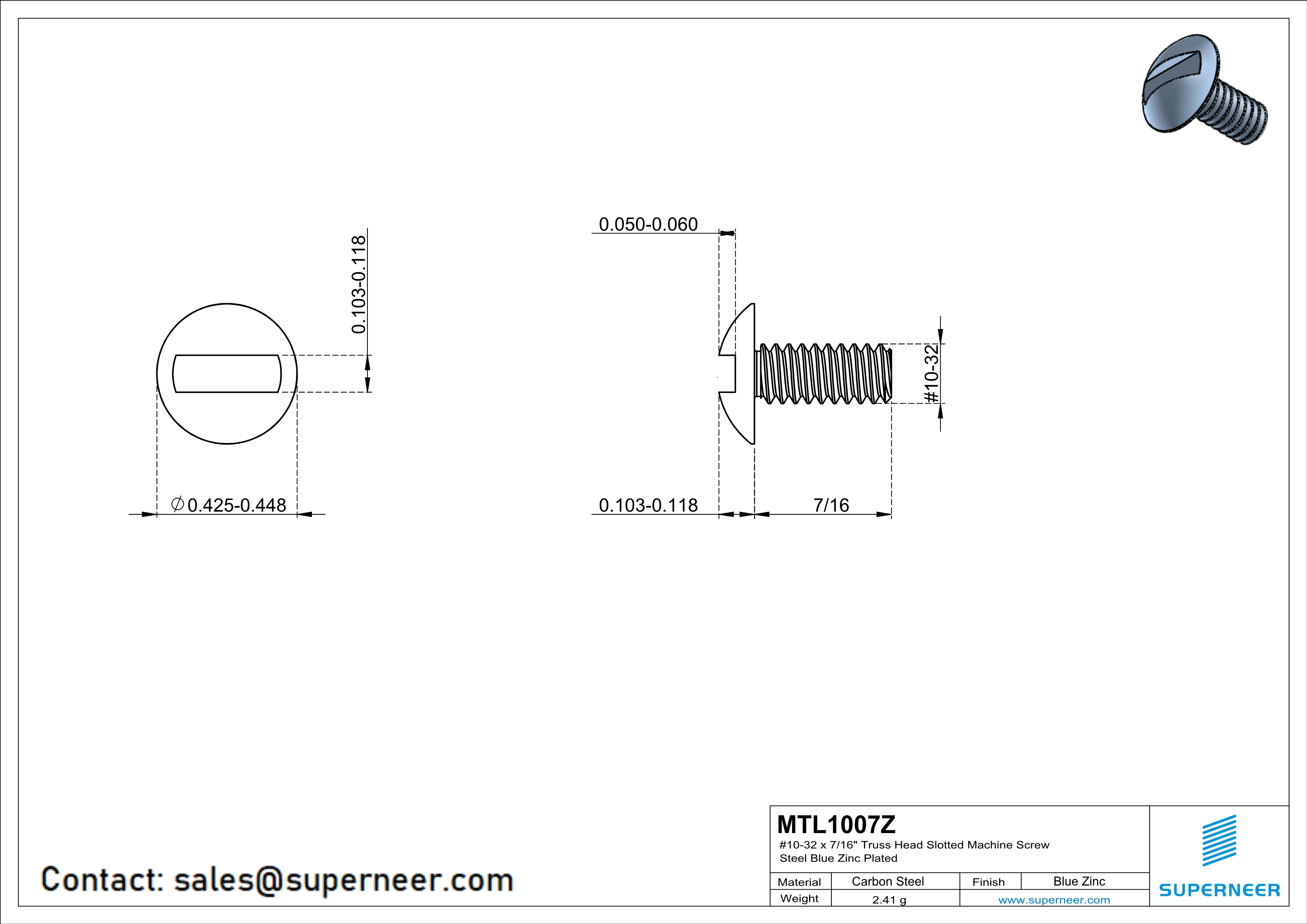 10-32 x 7/16" Truss Head Slotted Machine Screw Steel Blue Zinc Plated
