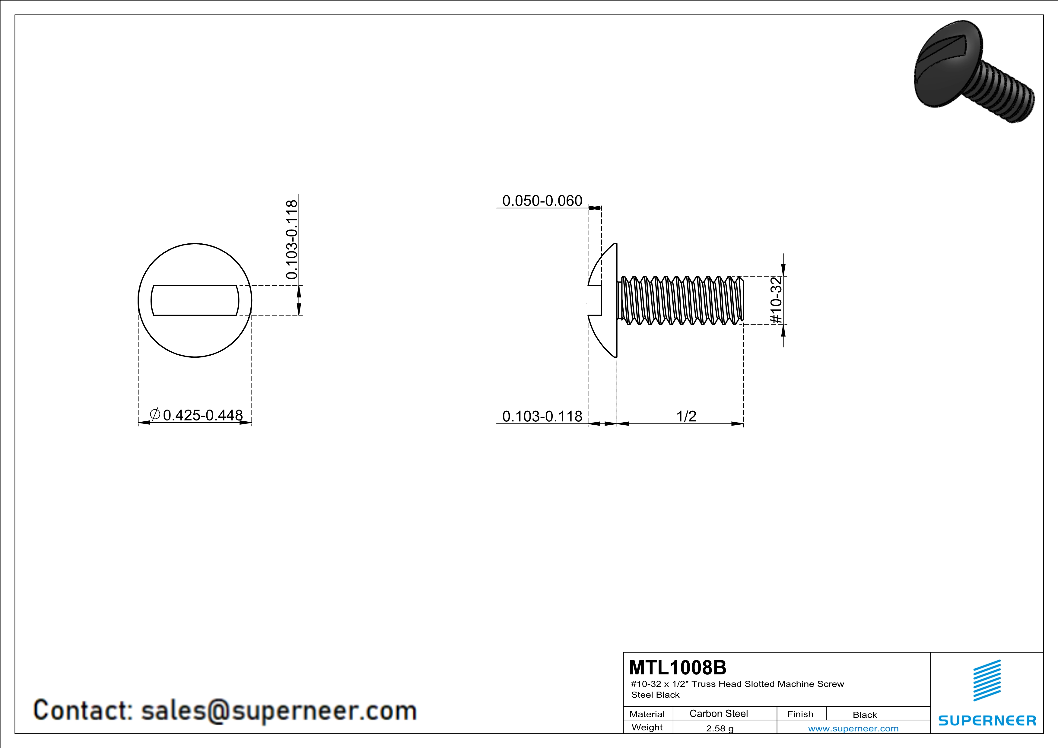 10-32 x 1/2" Truss Head Slotted Machine Screw Steel Black