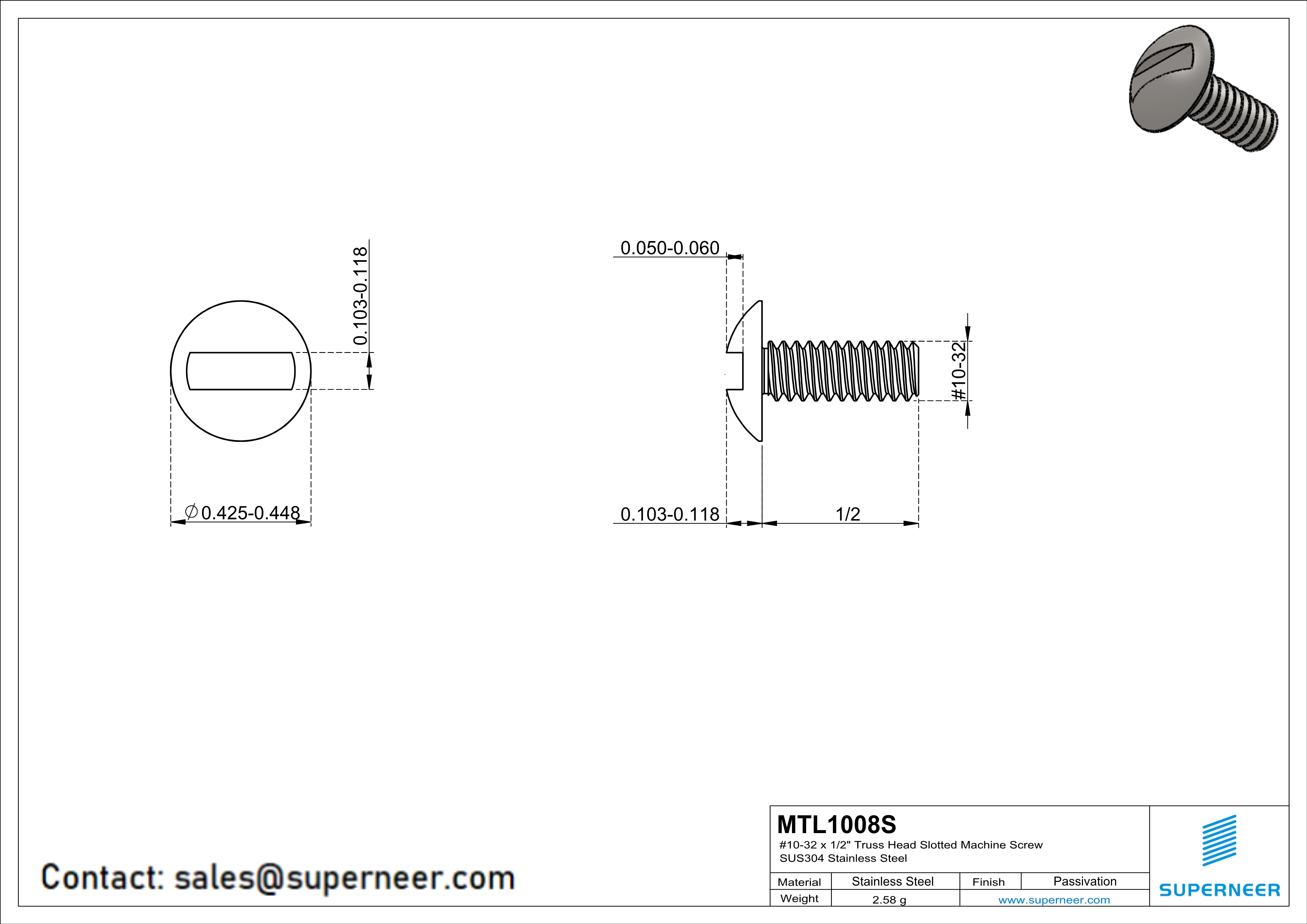 10-32 x 1/2" Truss Head Slotted Machine Screw SUS304 Stainless Steel Inox