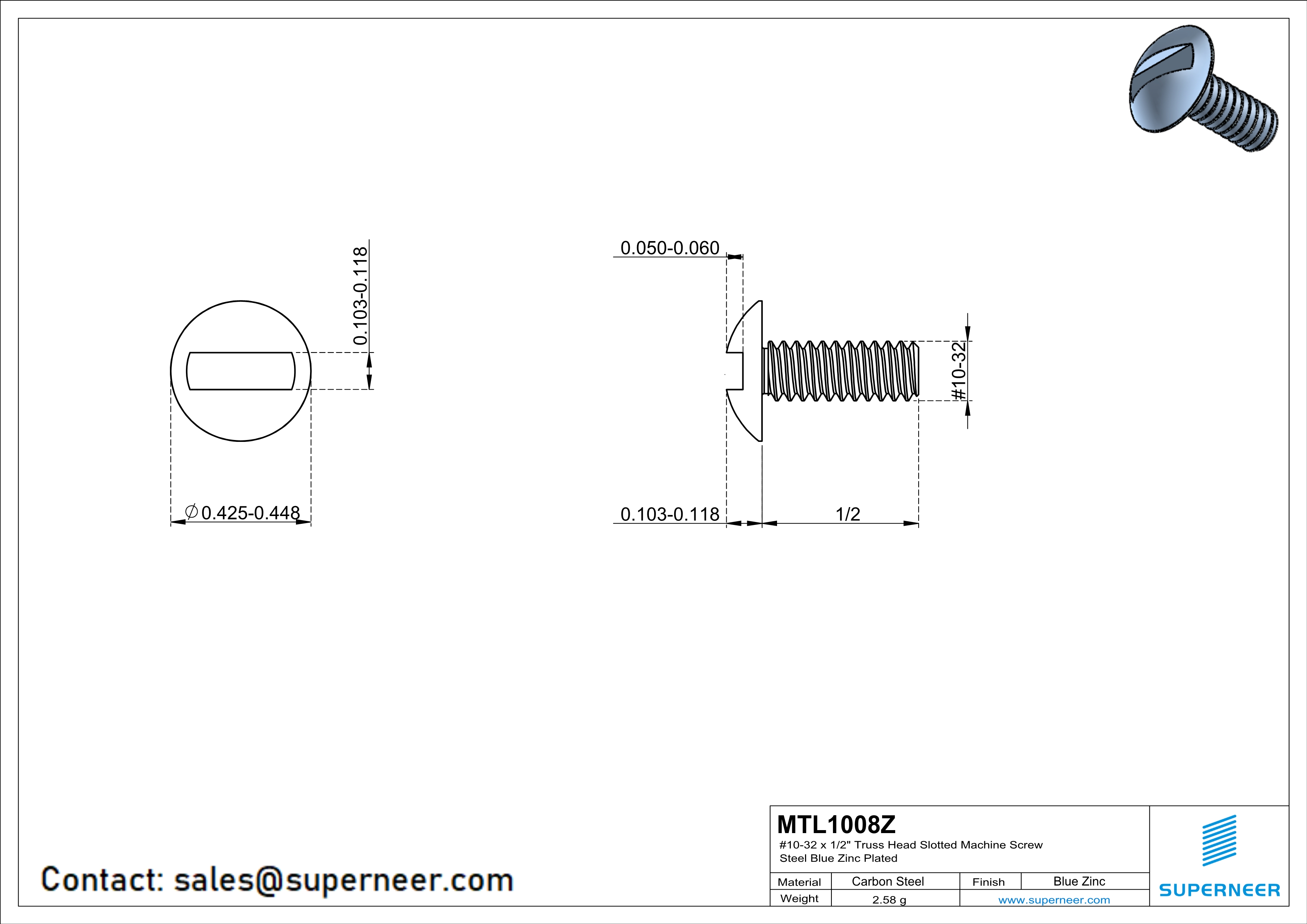 10-32 x 1/2" Truss Head Slotted Machine Screw Steel Blue Zinc Plated