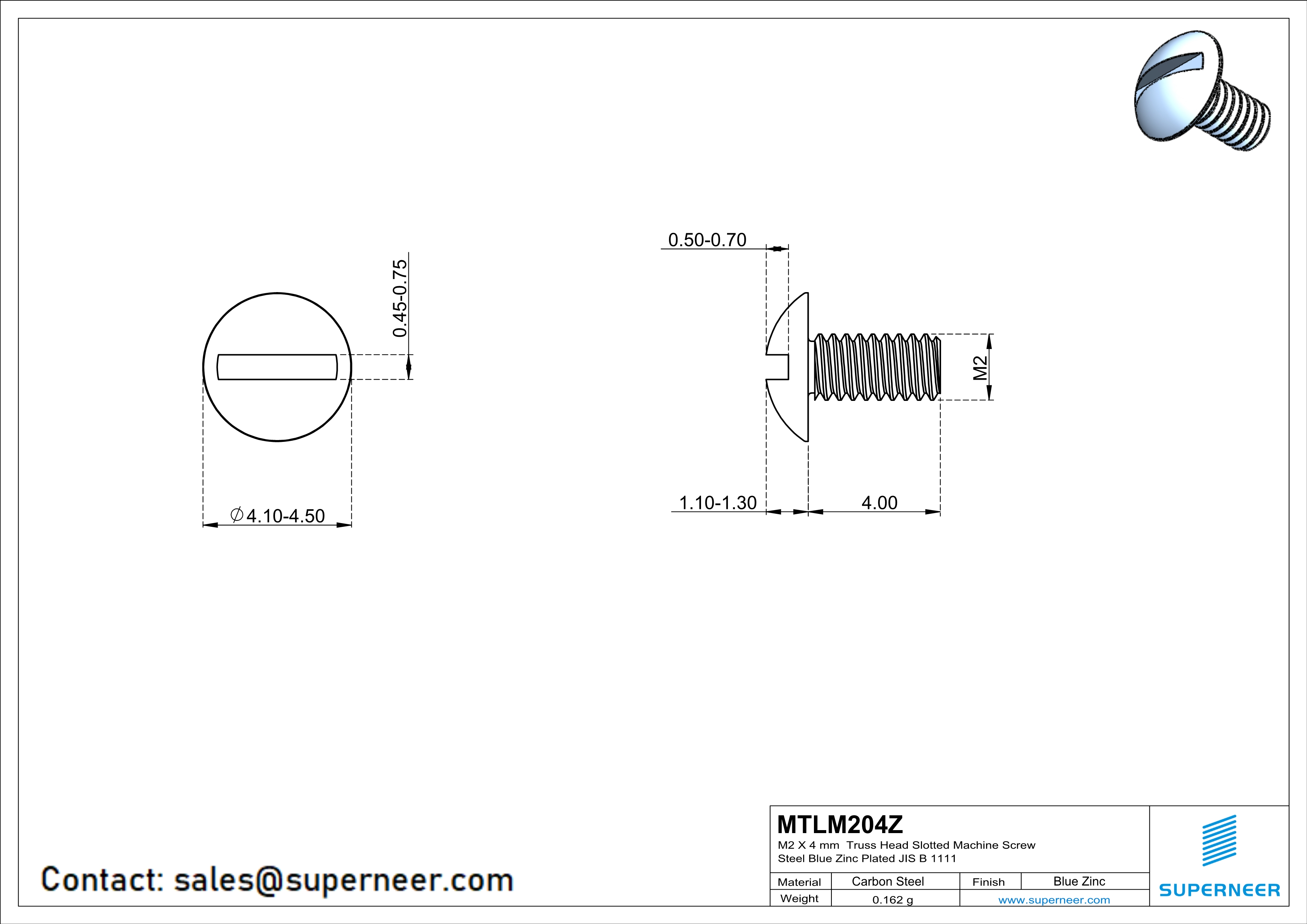 M2 x 4 mm Truss Head Slotted Machine Screw Steel Blue Zinc Plated JIS B 1111