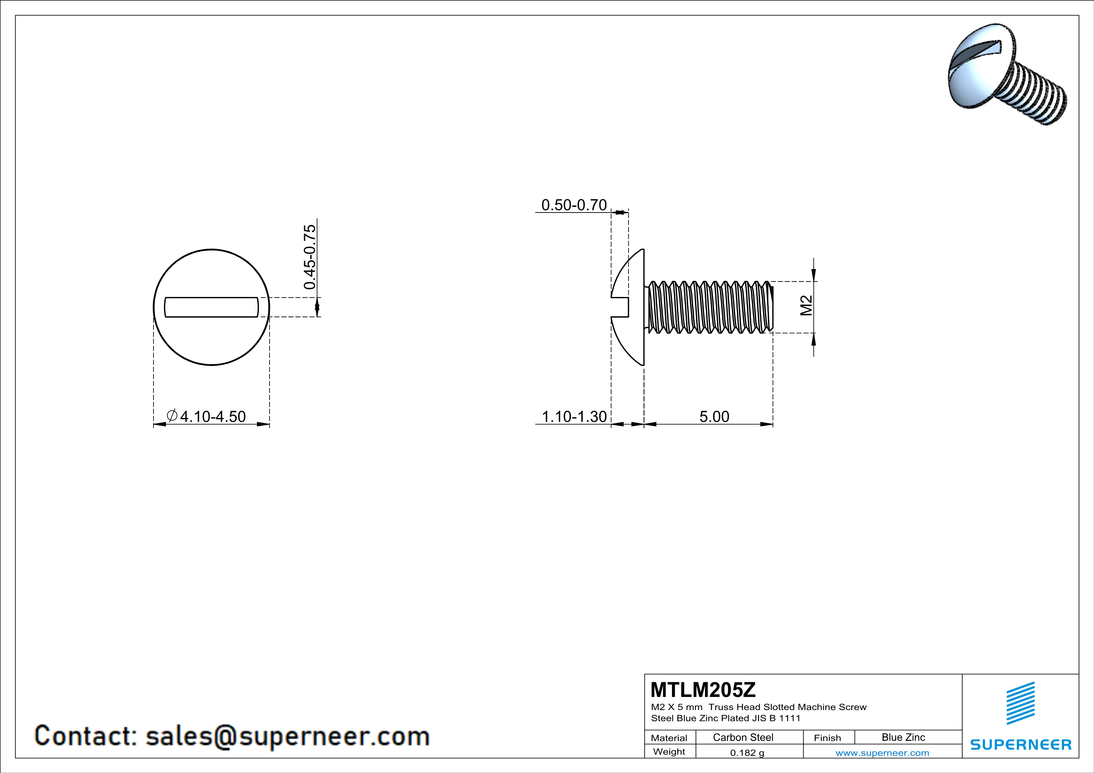 M2 x 5 mm Truss Head Slotted Machine Screw Steel Blue Zinc Plated JIS B 1111