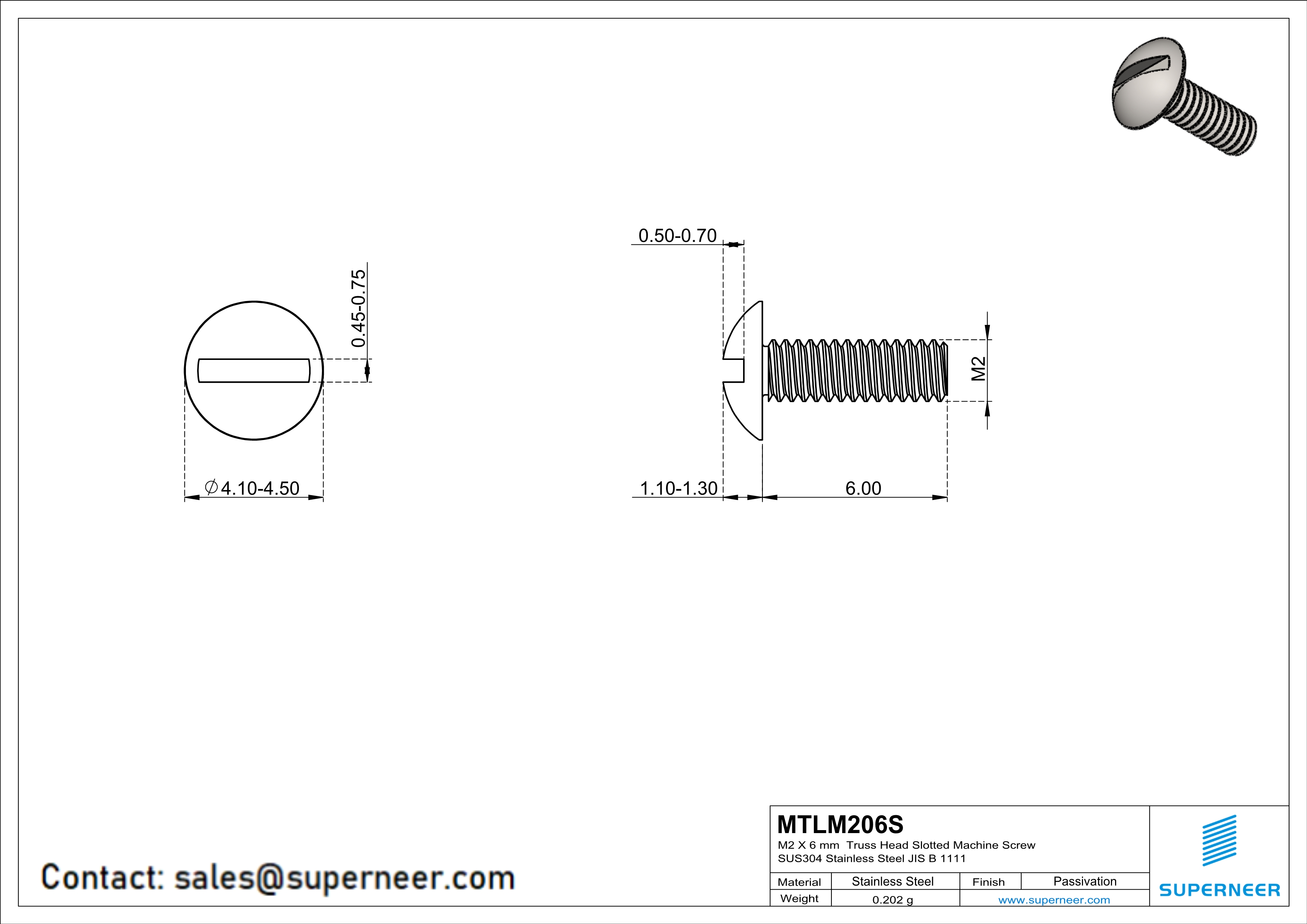 M2 x 6 mm  Truss Head Slotted Machine Screw SUS304 Stainless Steel Inox JIS B 1111