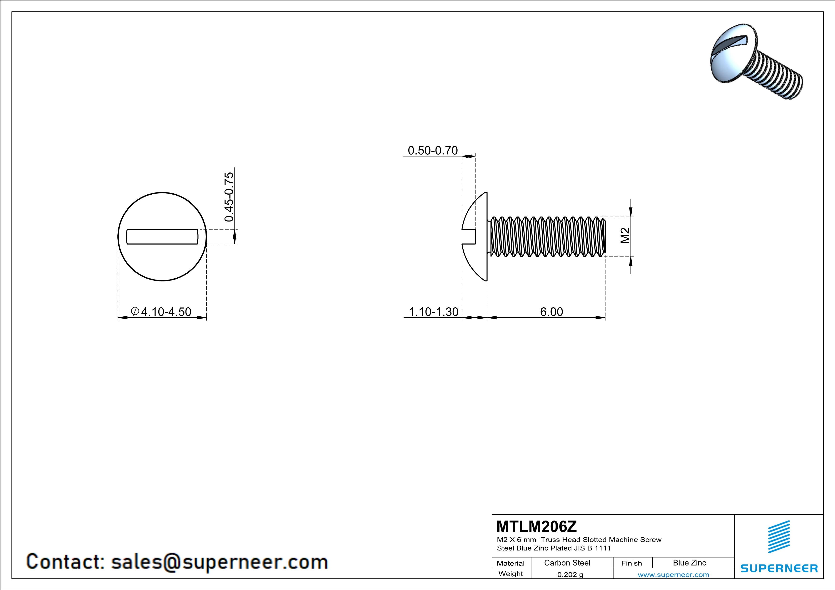 M2 x 6 mm Truss Head Slotted Machine Screw Steel Blue Zinc Plated JIS B 1111