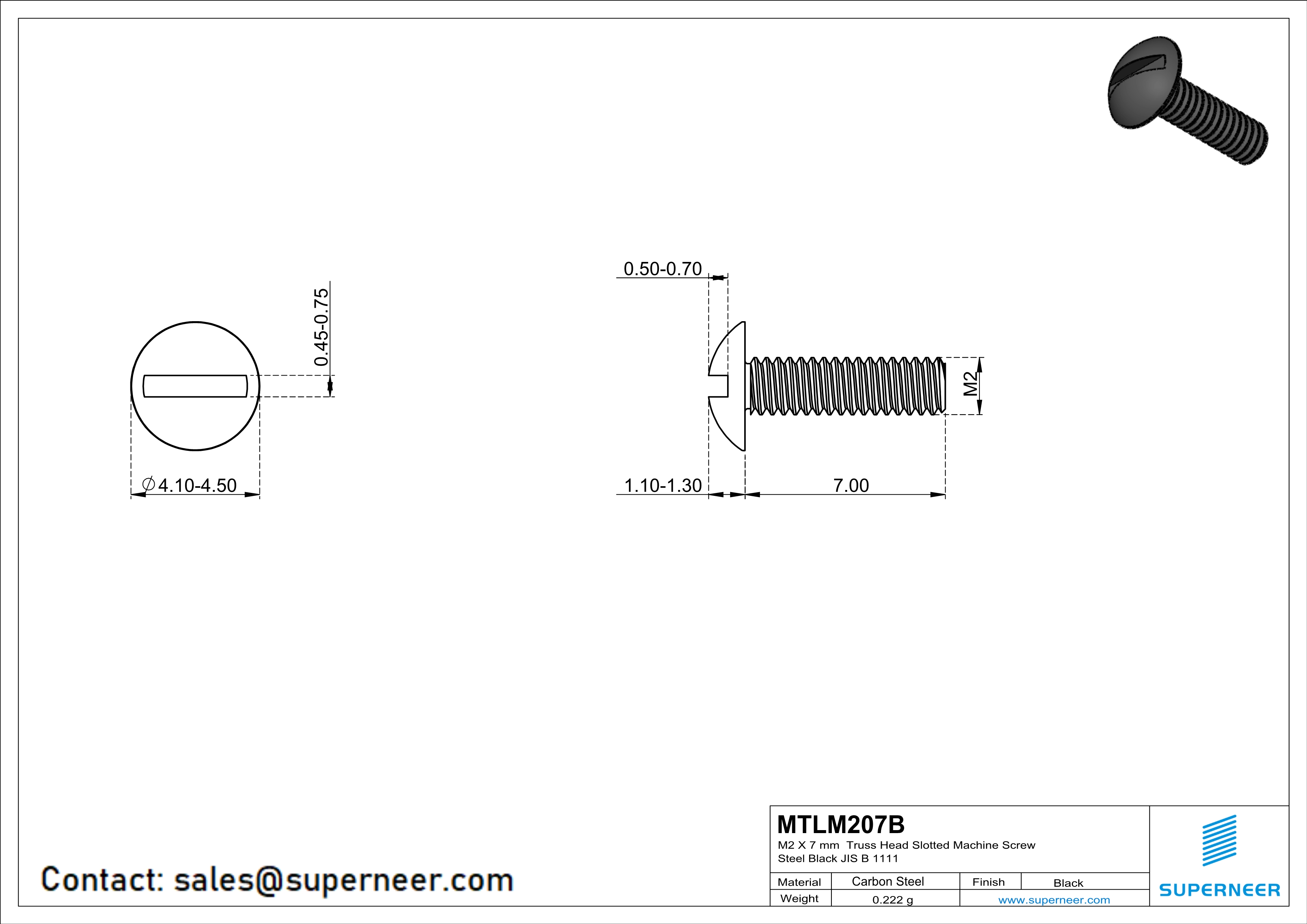 M2 x 7 mm Truss Head Slotted Machine Screw Steel Black JIS B 1111