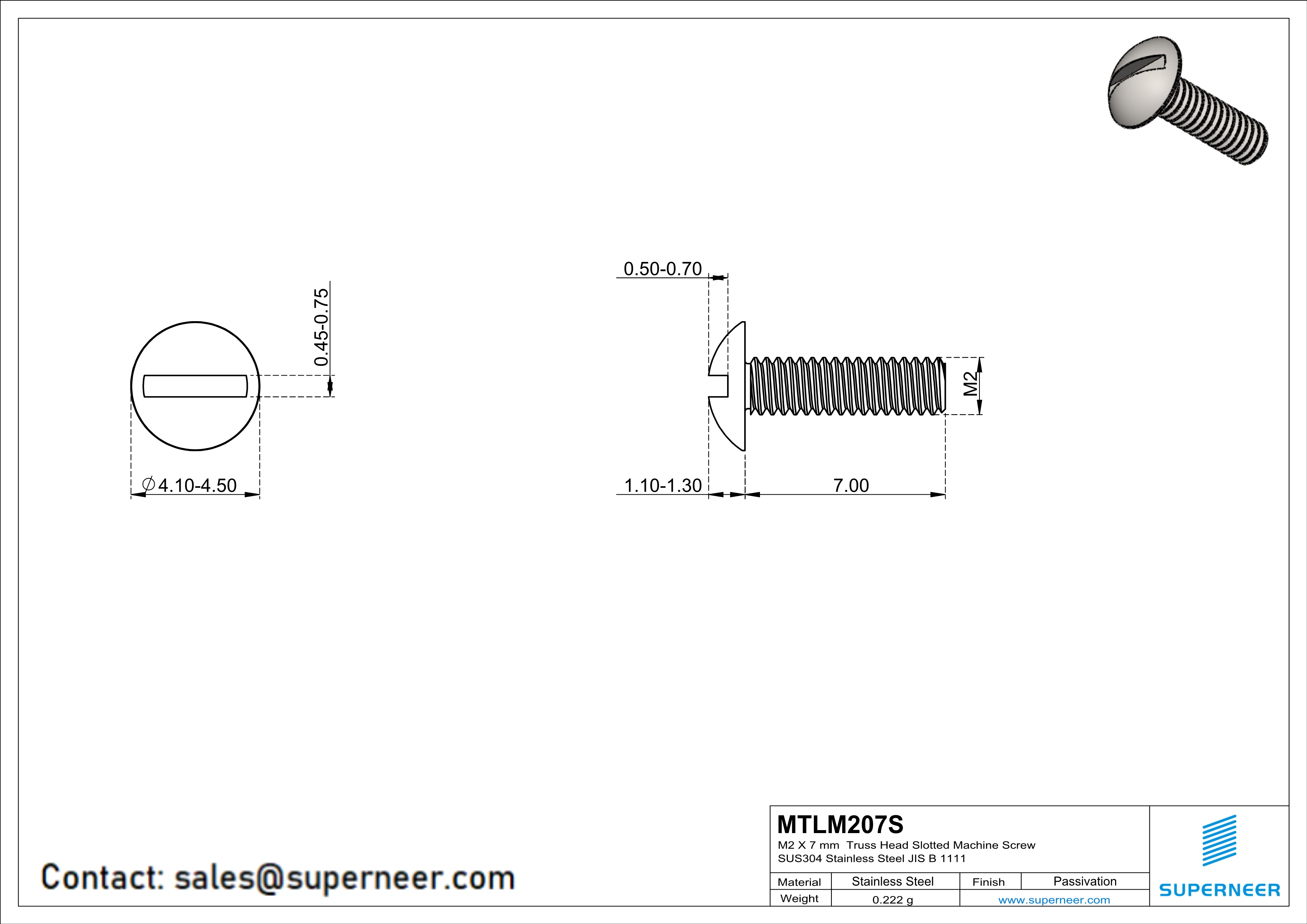 M2 x 7 mm  Truss Head Slotted Machine Screw SUS304 Stainless Steel Inox JIS B 1111