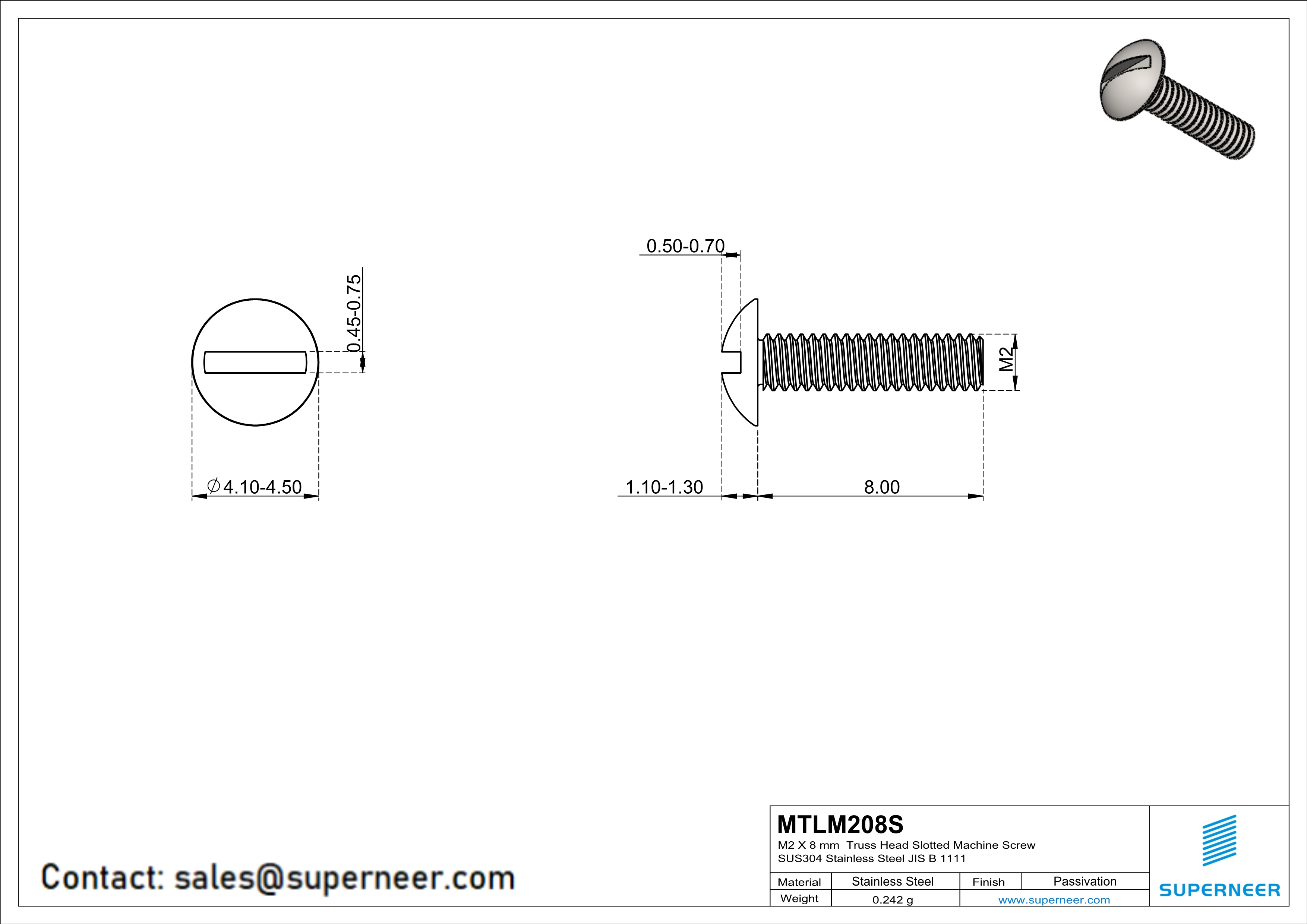 M2 x 8 mm  Truss Head Slotted Machine Screw SUS304 Stainless Steel Inox JIS B 1111