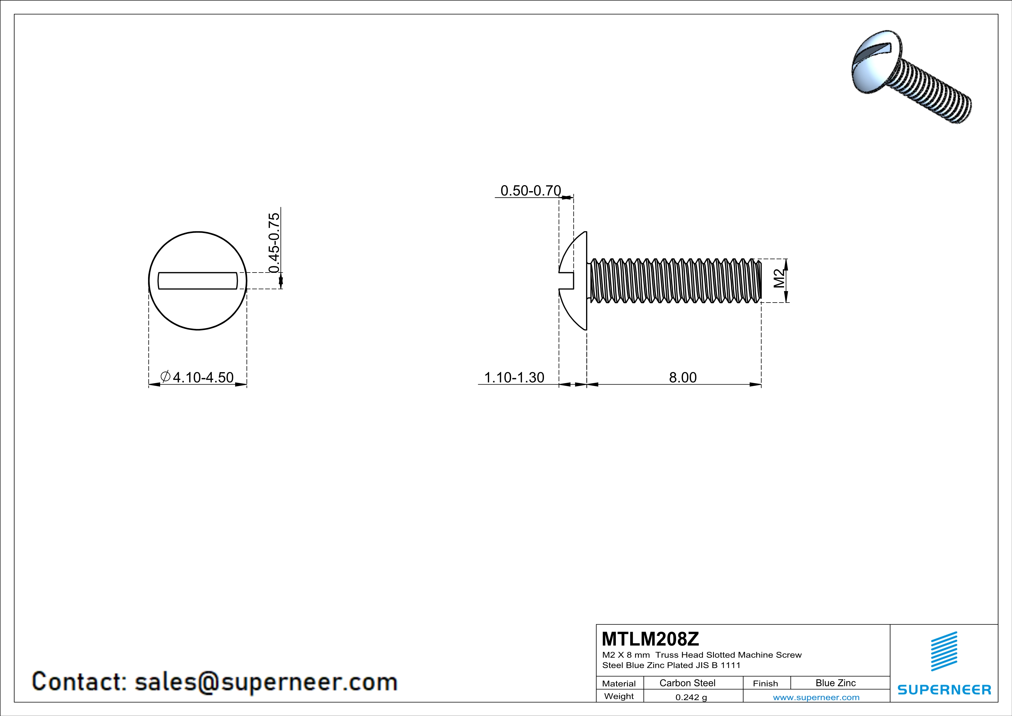 M2 x 8 mm Truss Head Slotted Machine Screw Steel Blue Zinc Plated JIS B 1111