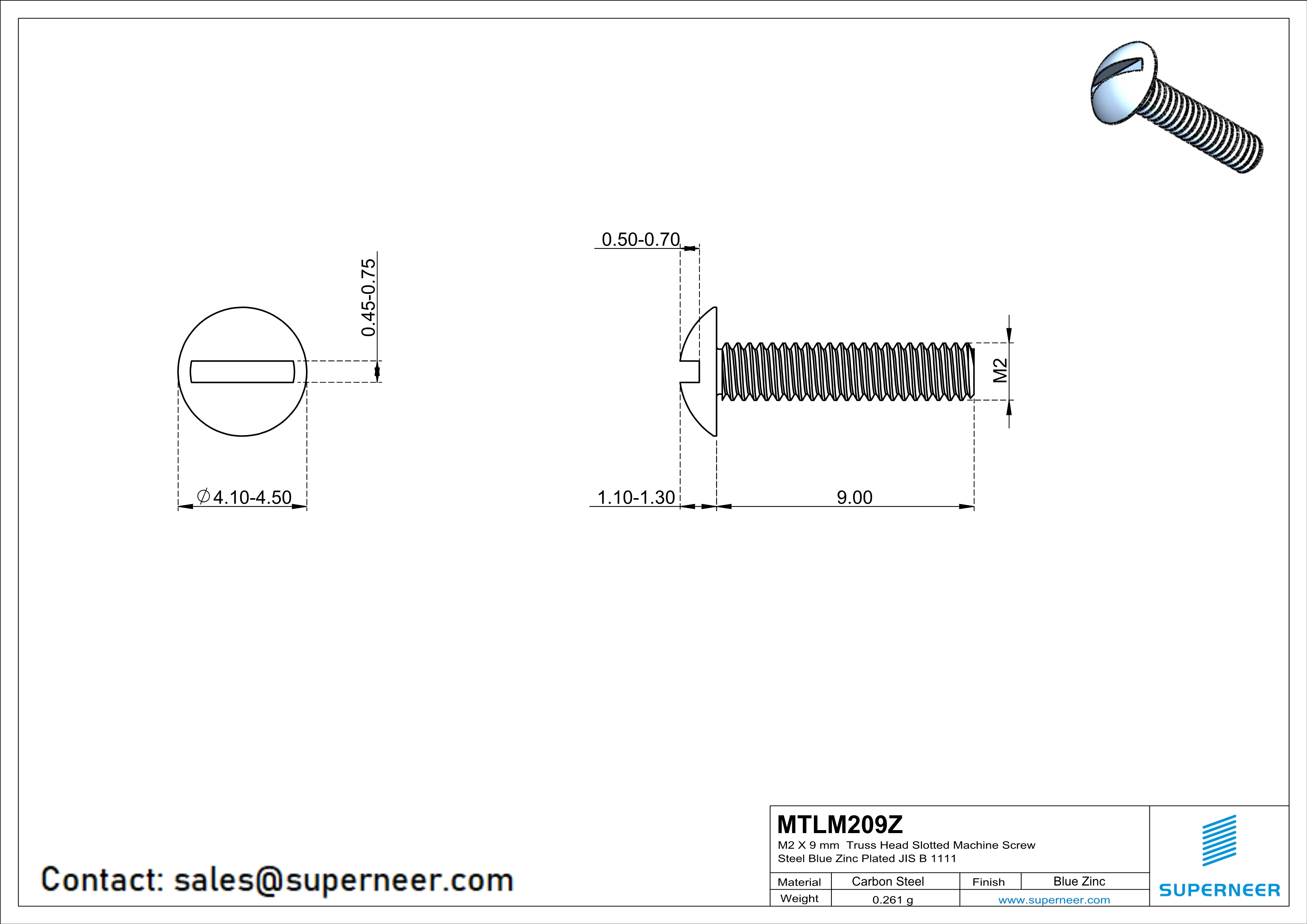 M2 x 9 mm Truss Head Slotted Machine Screw Steel Blue Zinc Plated JIS B 1111