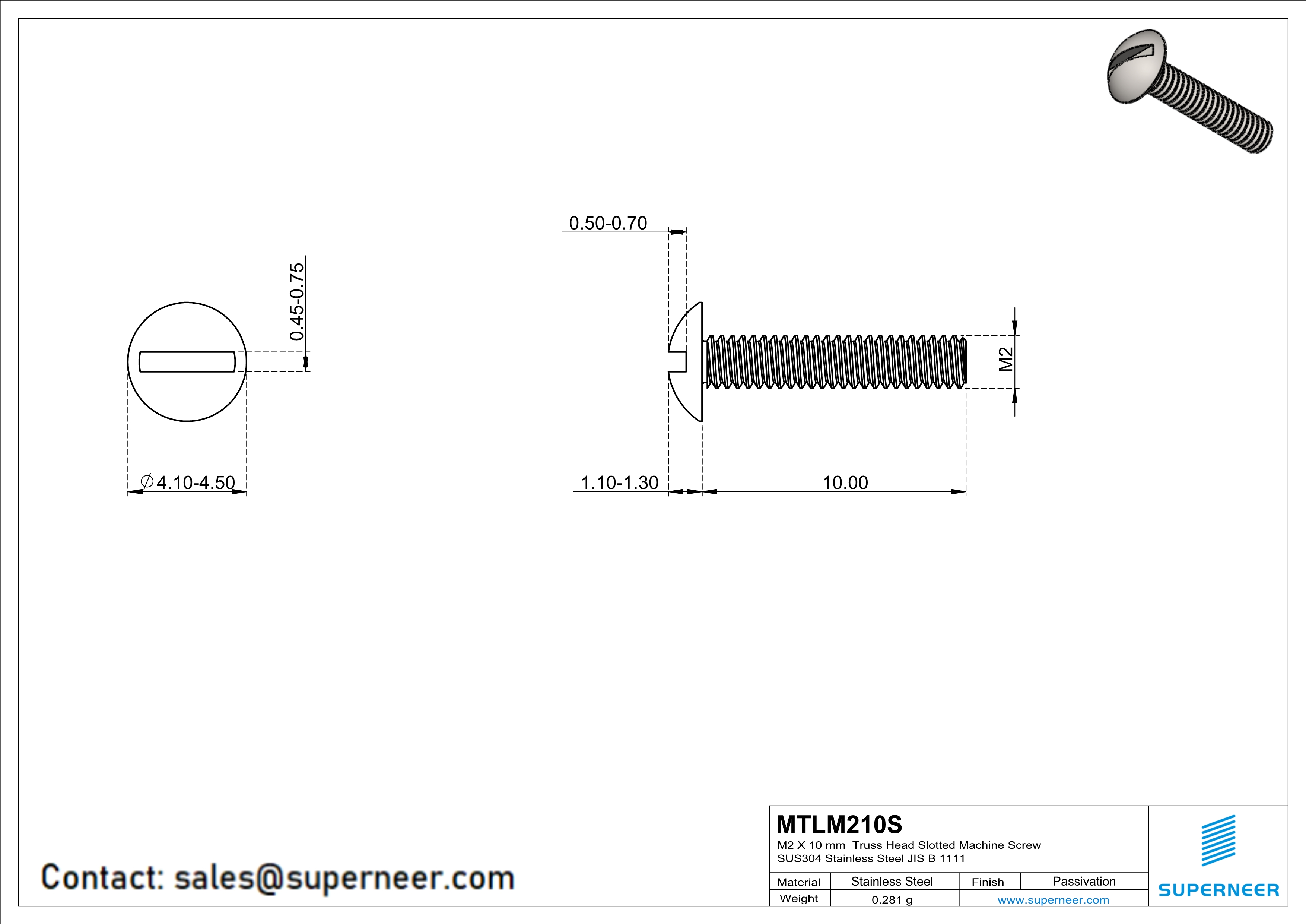 M2 x 10 mm  Truss Head Slotted Machine Screw SUS304 Stainless Steel Inox JIS B 1111