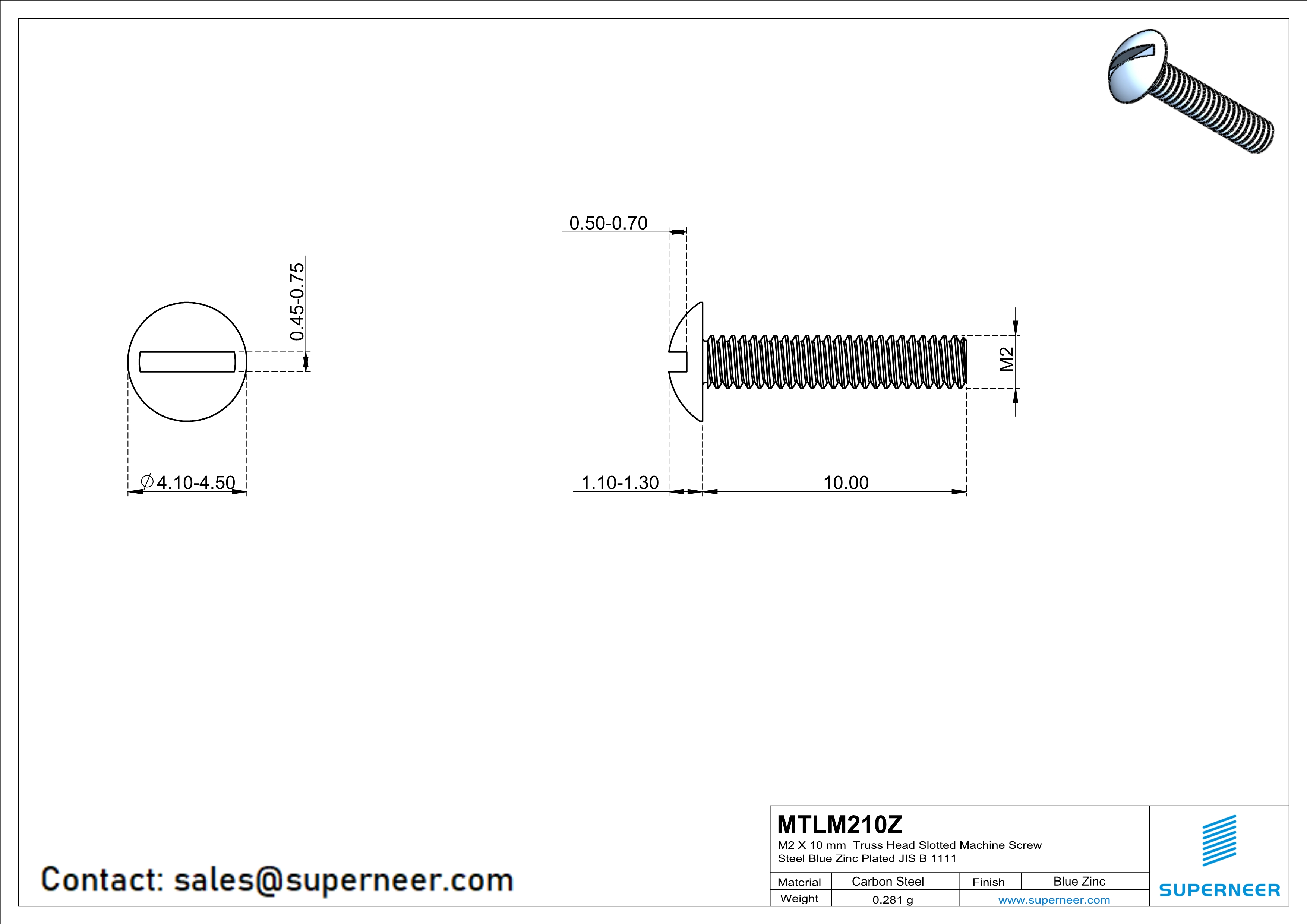 M2 x 10 mm Truss Head Slotted Machine Screw Steel Blue Zinc Plated JIS B 1111