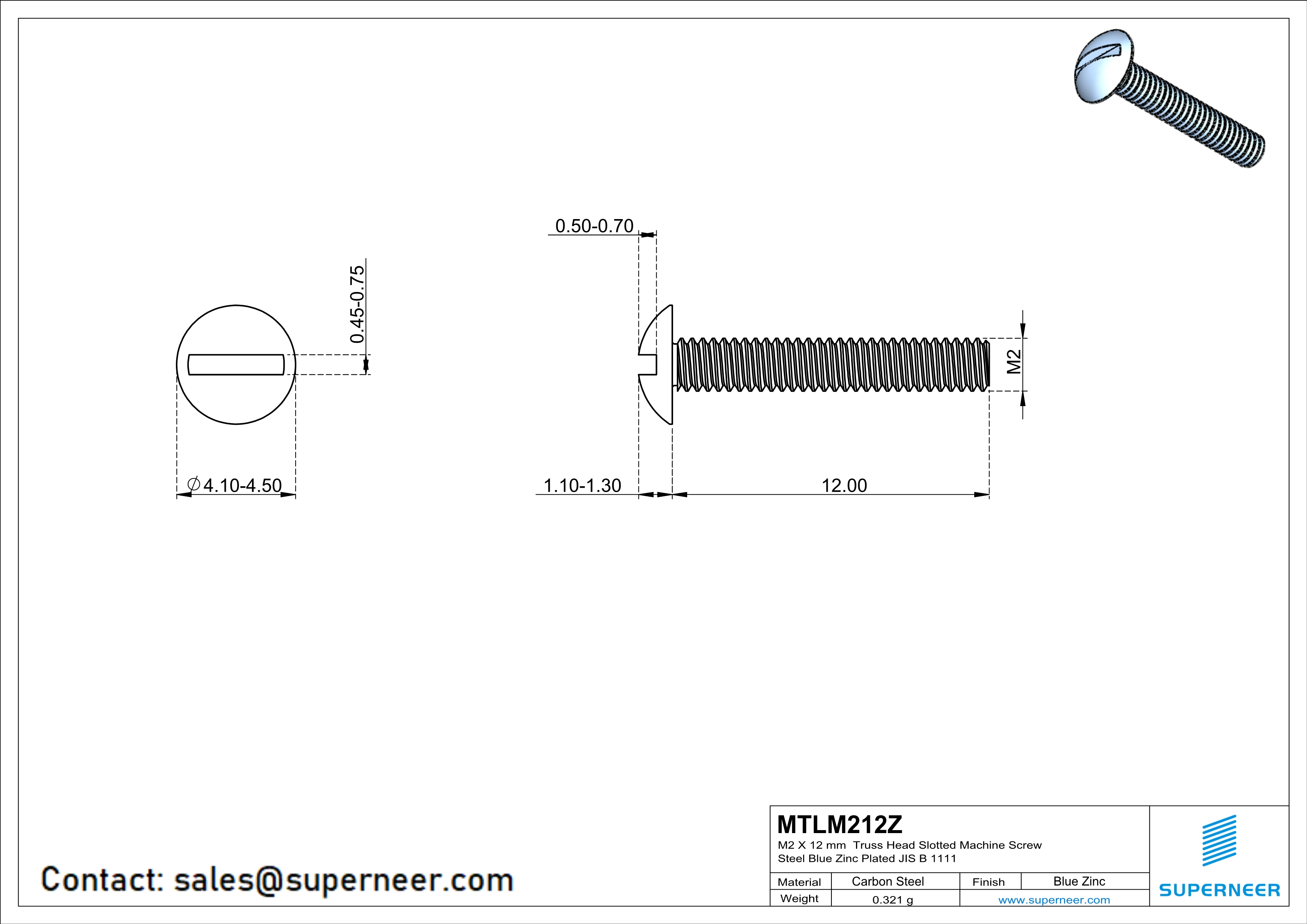 M2 x 12 mm Truss Head Slotted Machine Screw Steel Blue Zinc Plated JIS B 1111