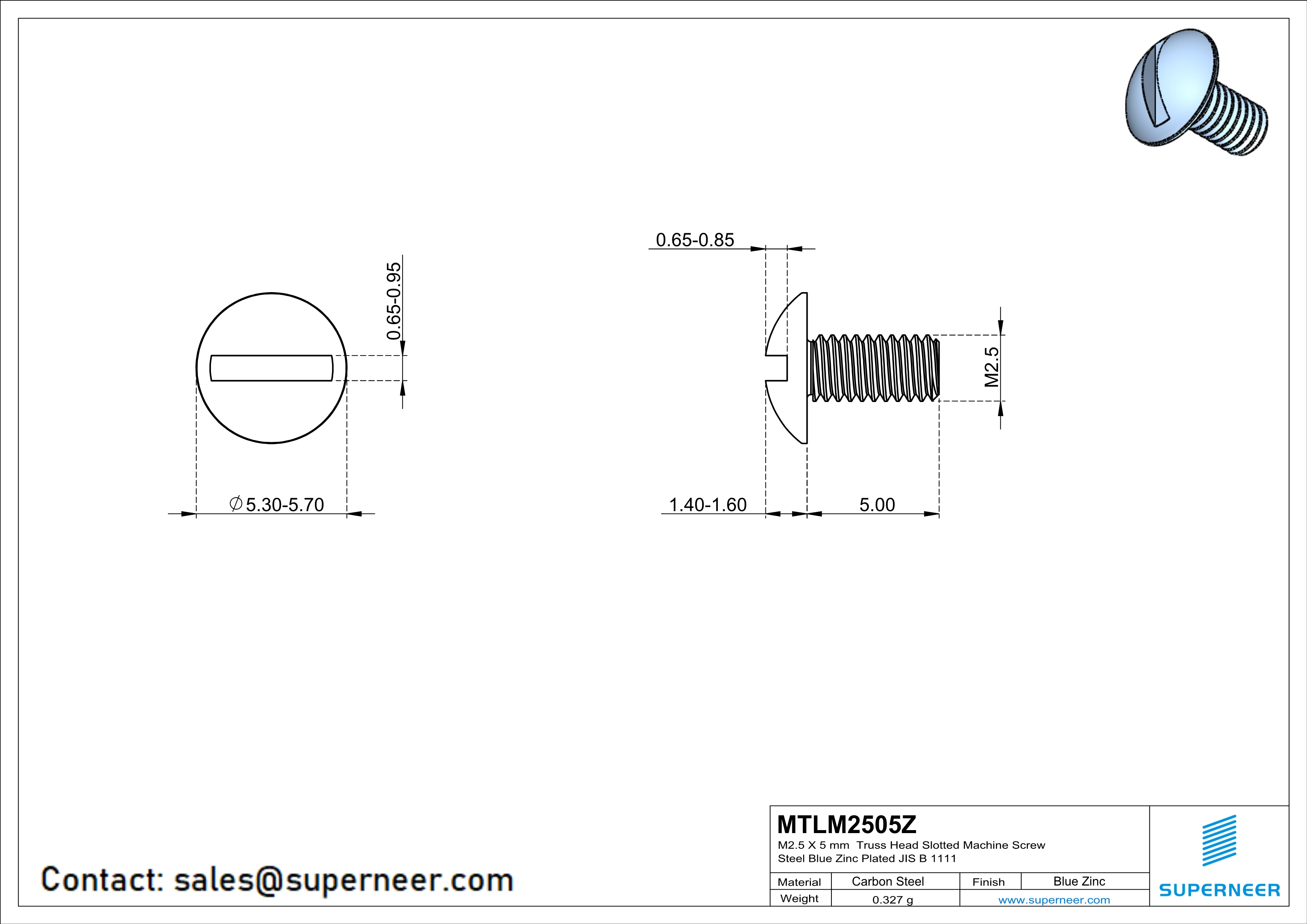 M2.5 x 5 mm Truss Head Slotted Machine Screw Steel Blue Zinc Plated JIS B 1111