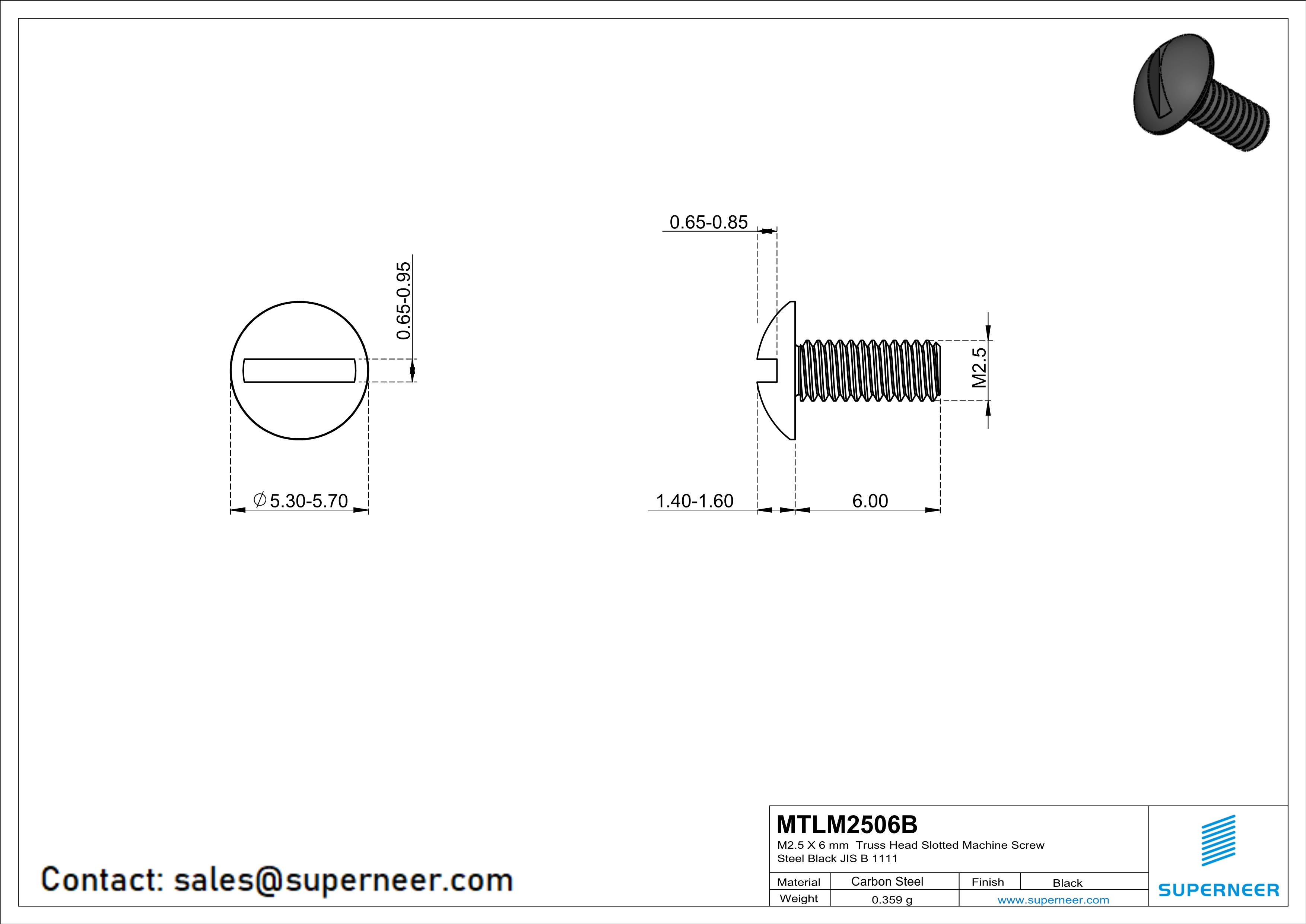 M2.5 x 6 mm Truss Head Slotted Machine Screw Steel Black JIS B 1111