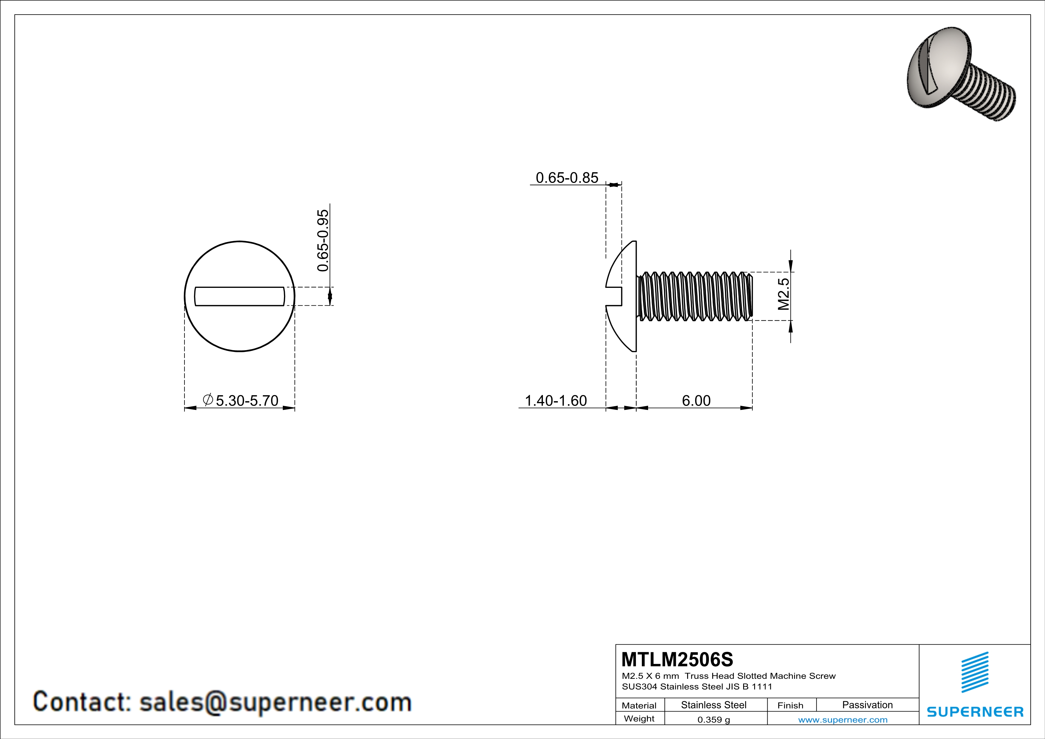 M2.5 x 6 mm  Truss Head Slotted Machine Screw SUS304 Stainless Steel Inox JIS B 1111