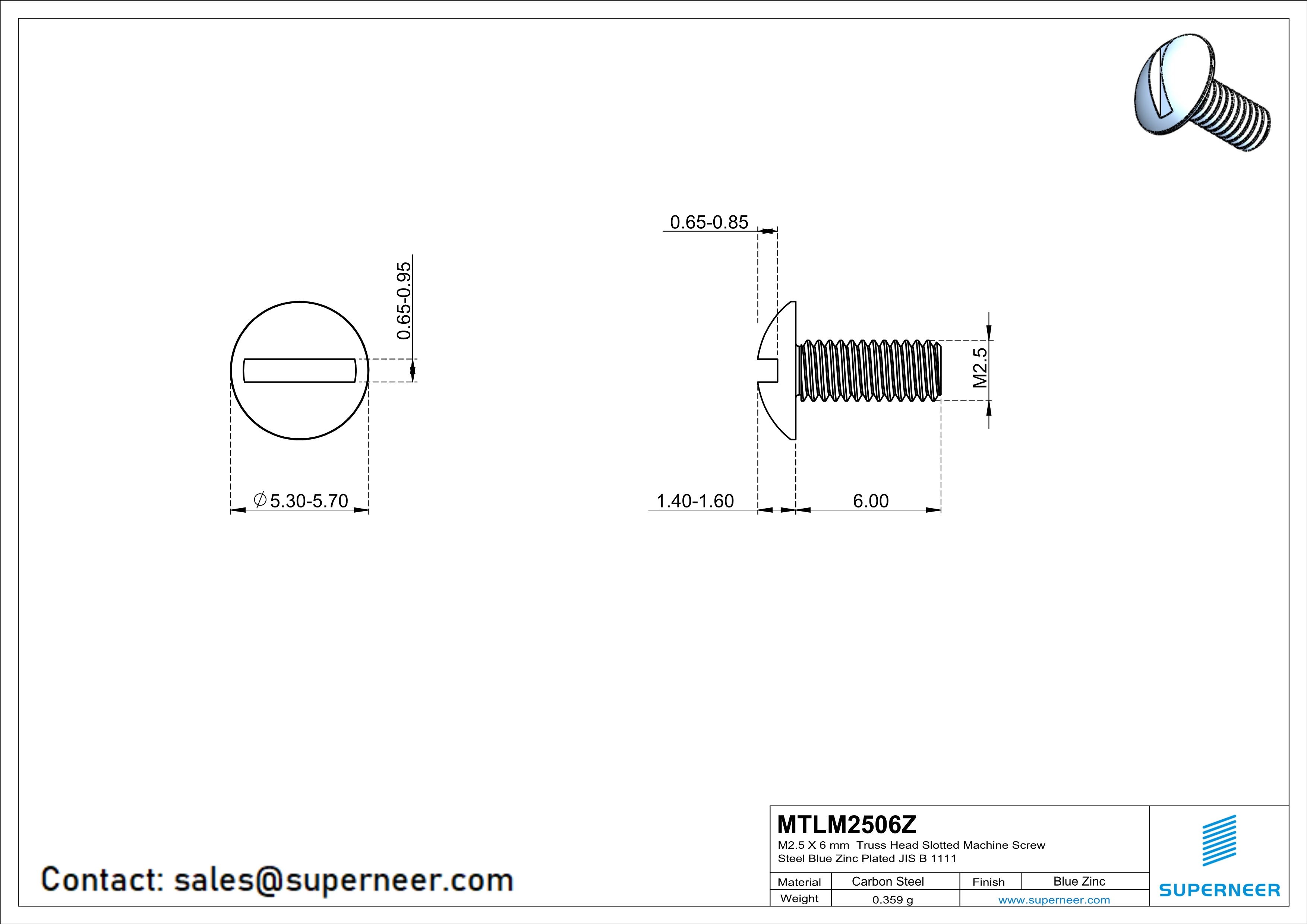 M2.5 x 6 mm Truss Head Slotted Machine Screw Steel Blue Zinc Plated JIS B 1111