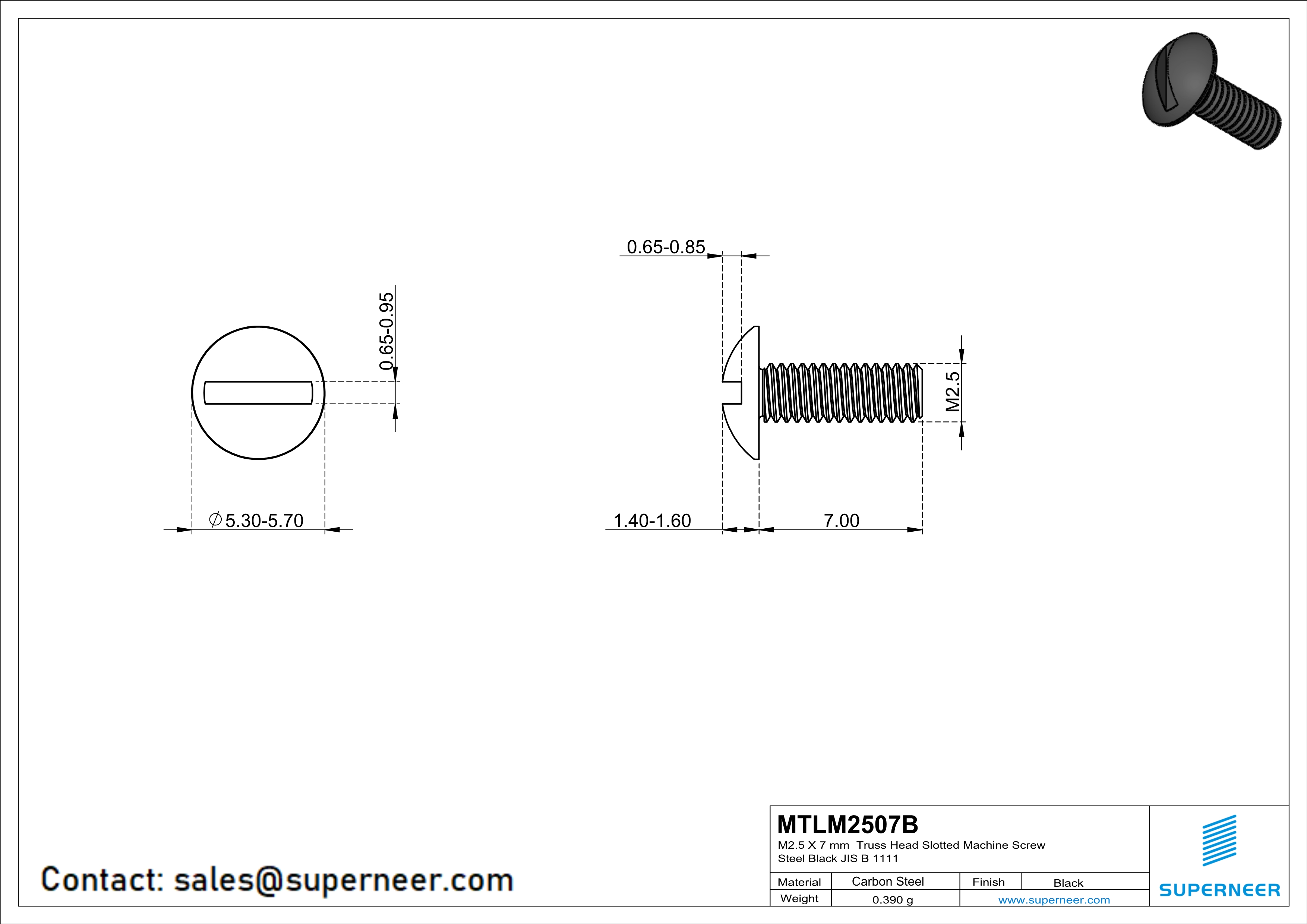 M2.5 x 7 mm Truss Head Slotted Machine Screw Steel Black JIS B 1111