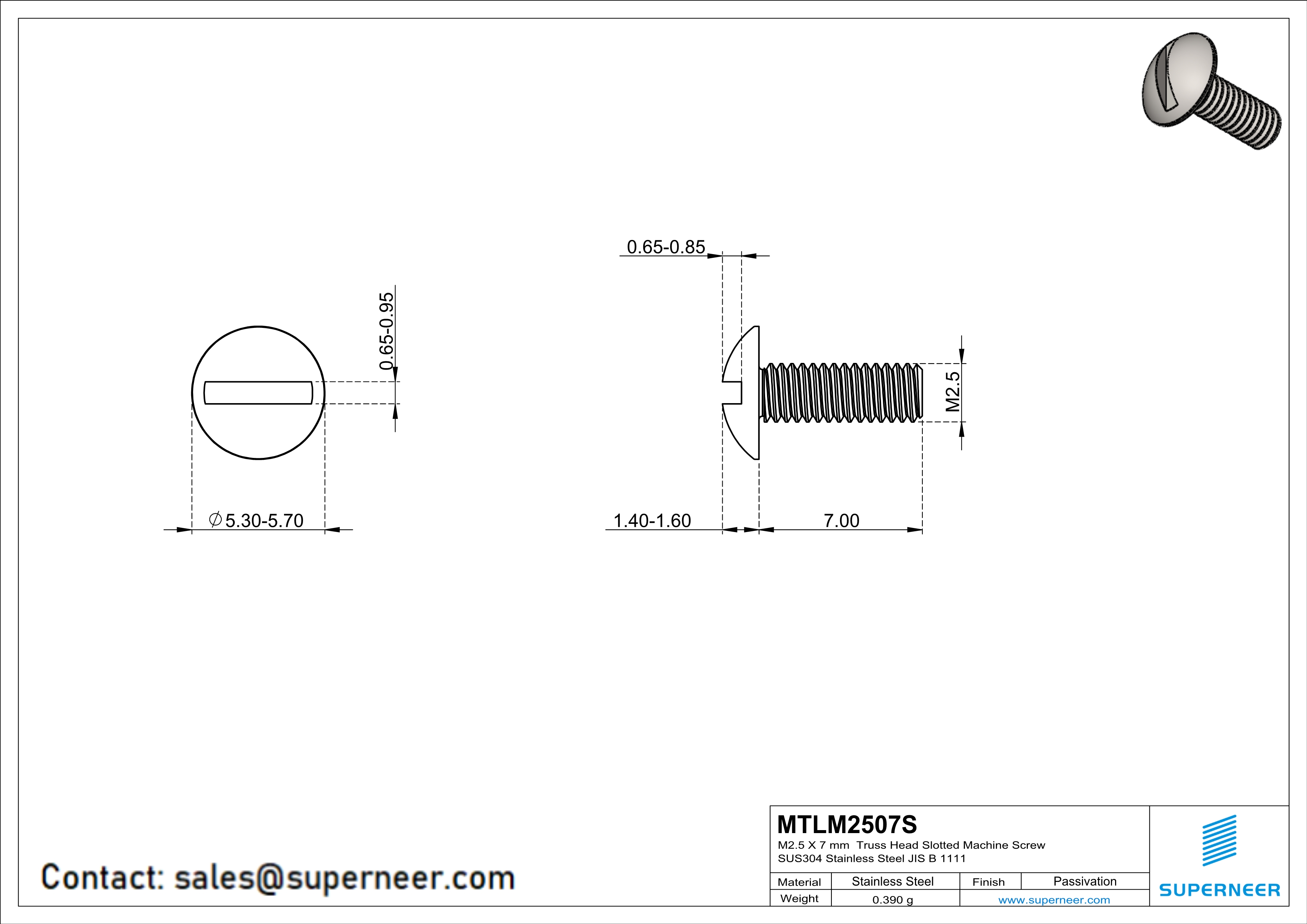 M2.5 x 7 mm  Truss Head Slotted Machine Screw SUS304 Stainless Steel Inox JIS B 1111