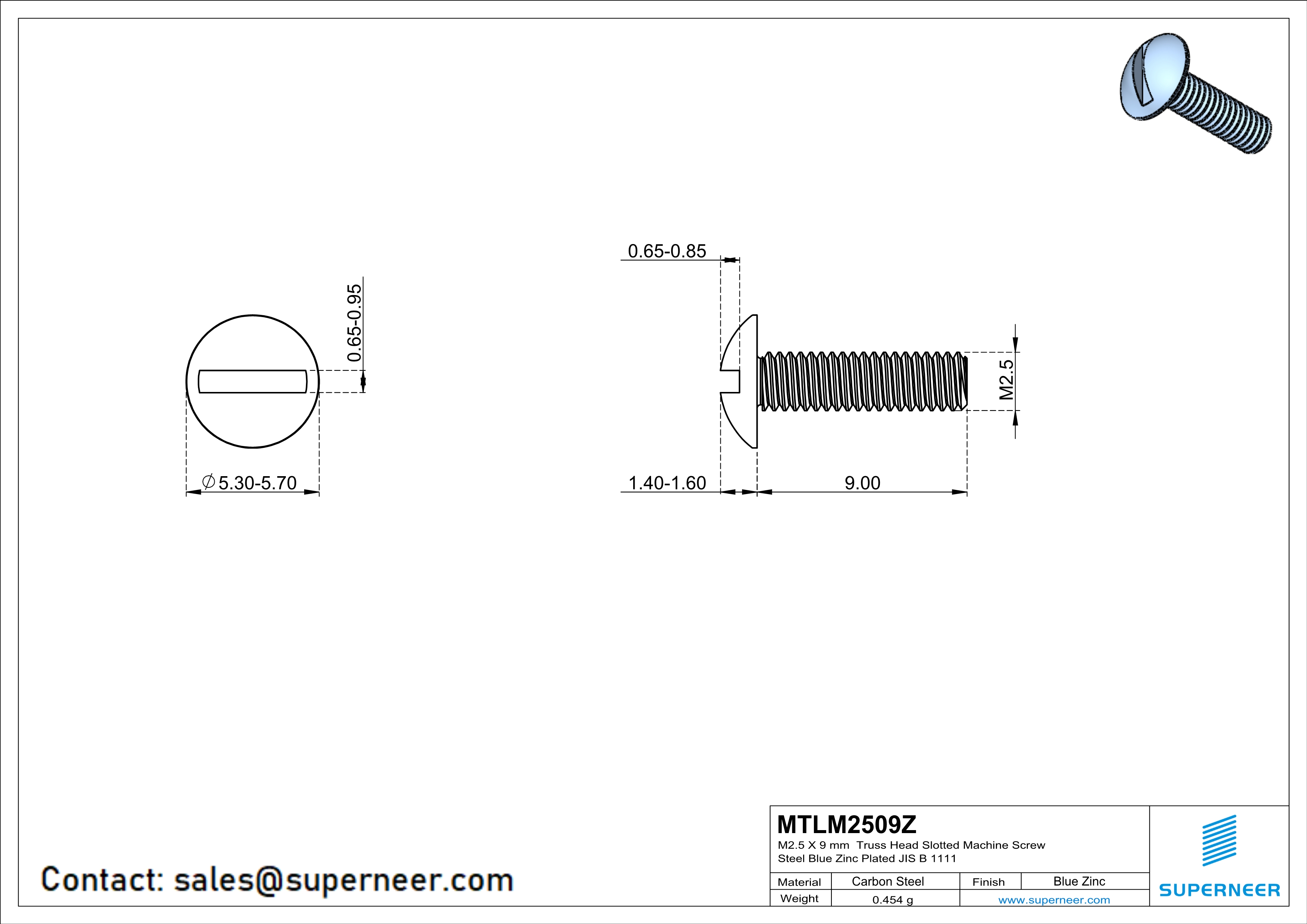 M2.5 x 9 mm Truss Head Slotted Machine Screw Steel Blue Zinc Plated JIS B 1111