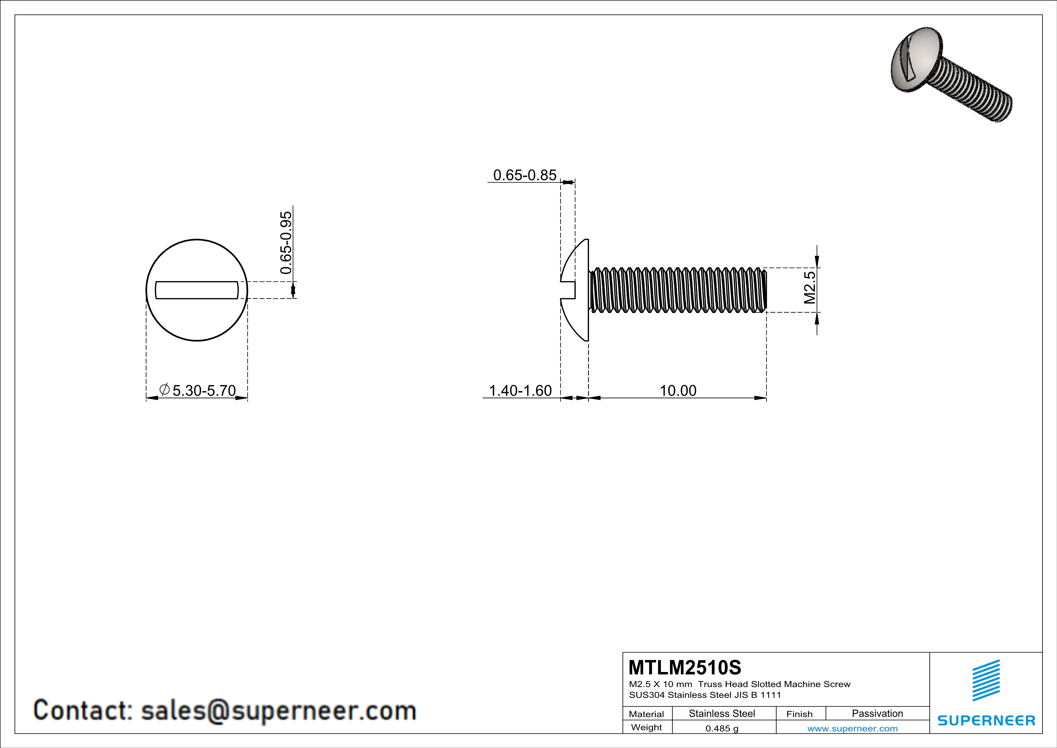 M2.5 x 10 mm  Truss Head Slotted Machine Screw SUS304 Stainless Steel Inox JIS B 1111